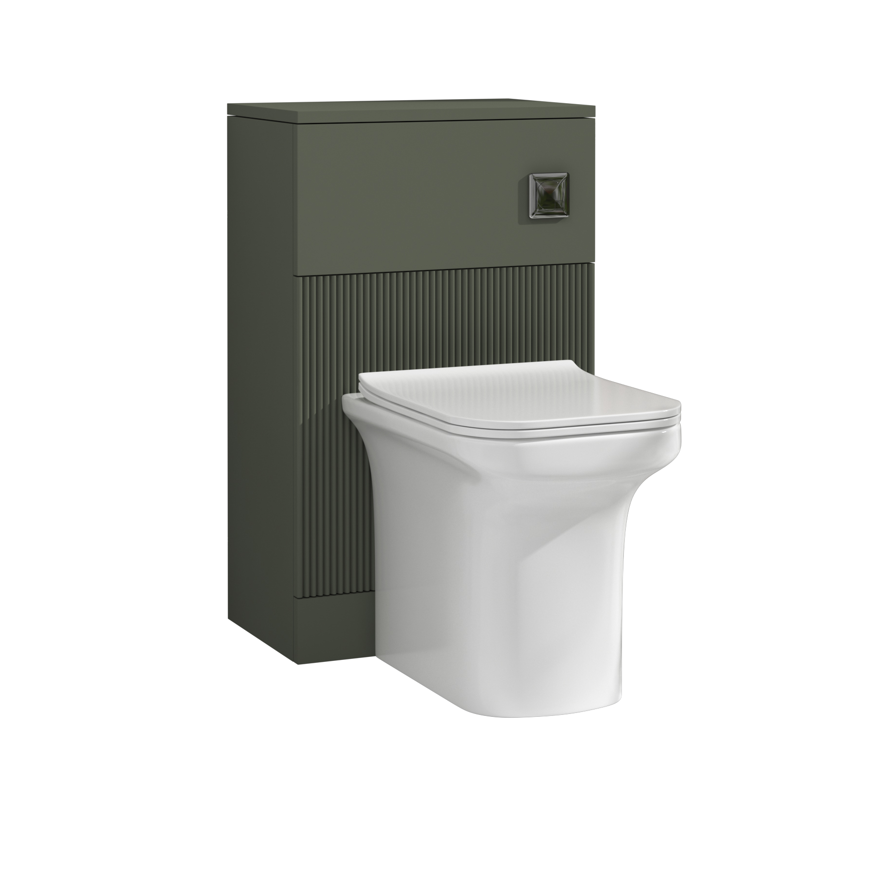 Evora 500mm Sage Green Fluted BTW WC Unit with Crosby Rimless Toilet Pan & Seat, Cistern