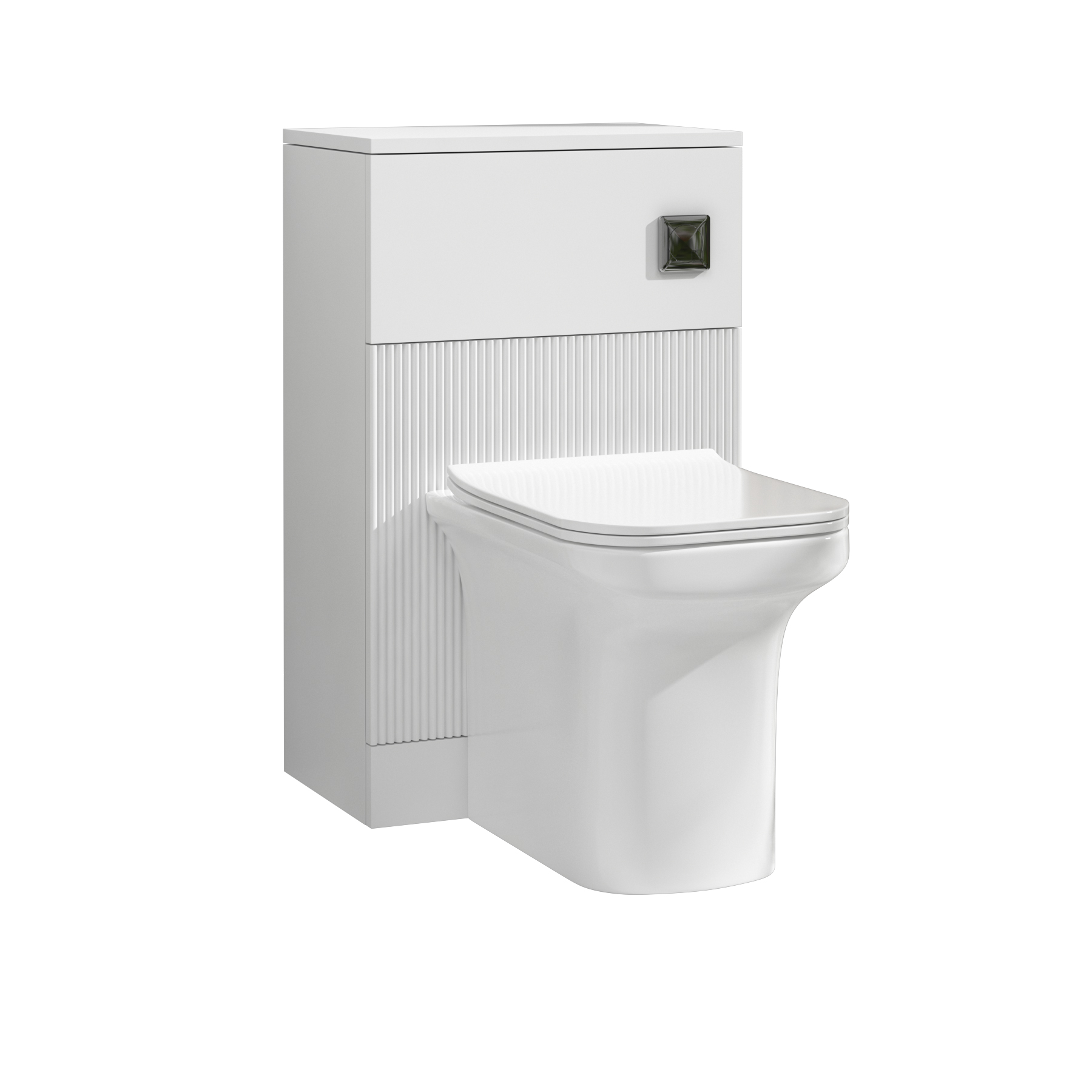 Evora 500mm Matt White Fluted BTW WC Unit with Crosby Rimless Toilet Pan & Seat, Cistern
