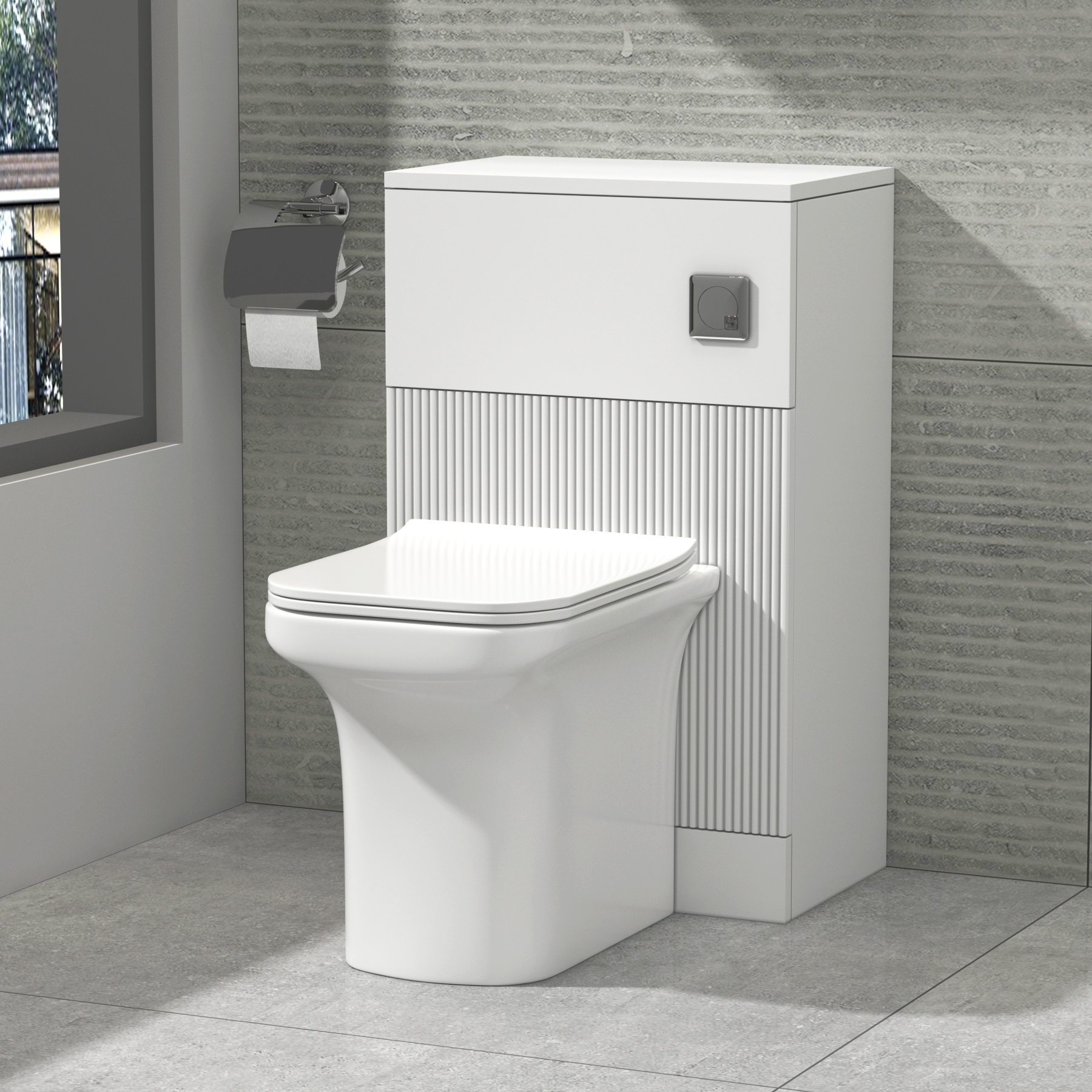 Evora 500mm Satin White Fluted BTW WC Unit with Crosby Rimless Toilet Pan & Seat, Cistern