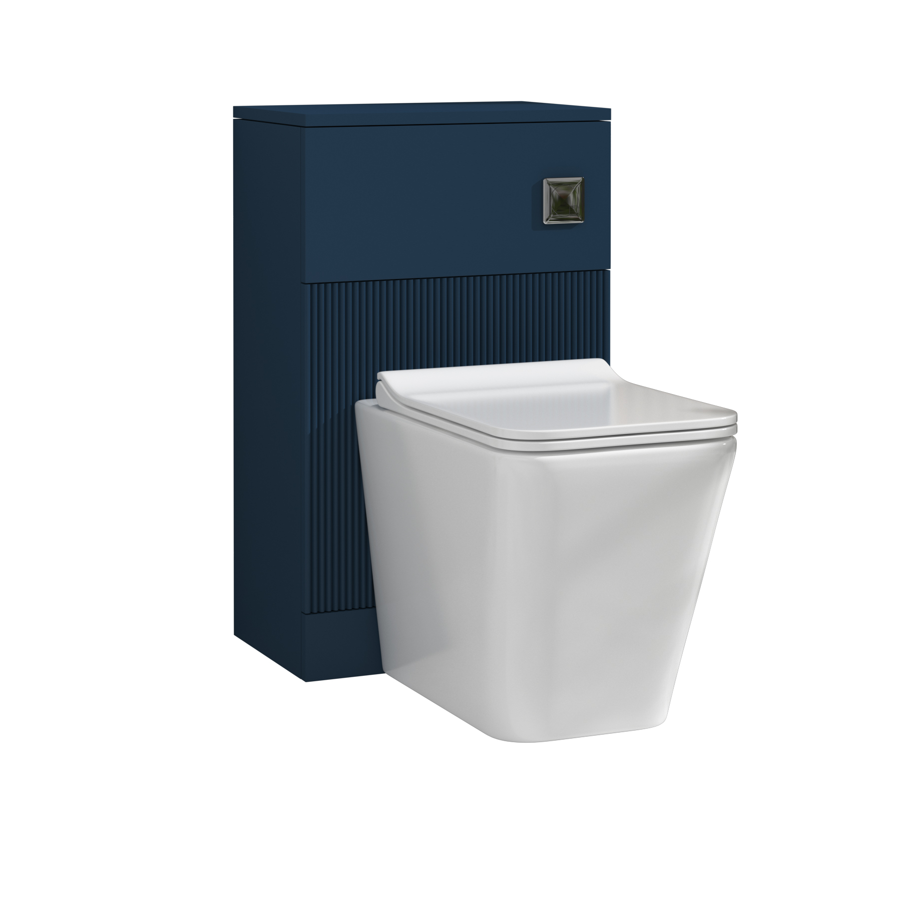 Evora 500mm Midnight Blue Fluted BTW  WC Unit with Elena Rimless Toilet Pan & Slim Seat, Cistern 