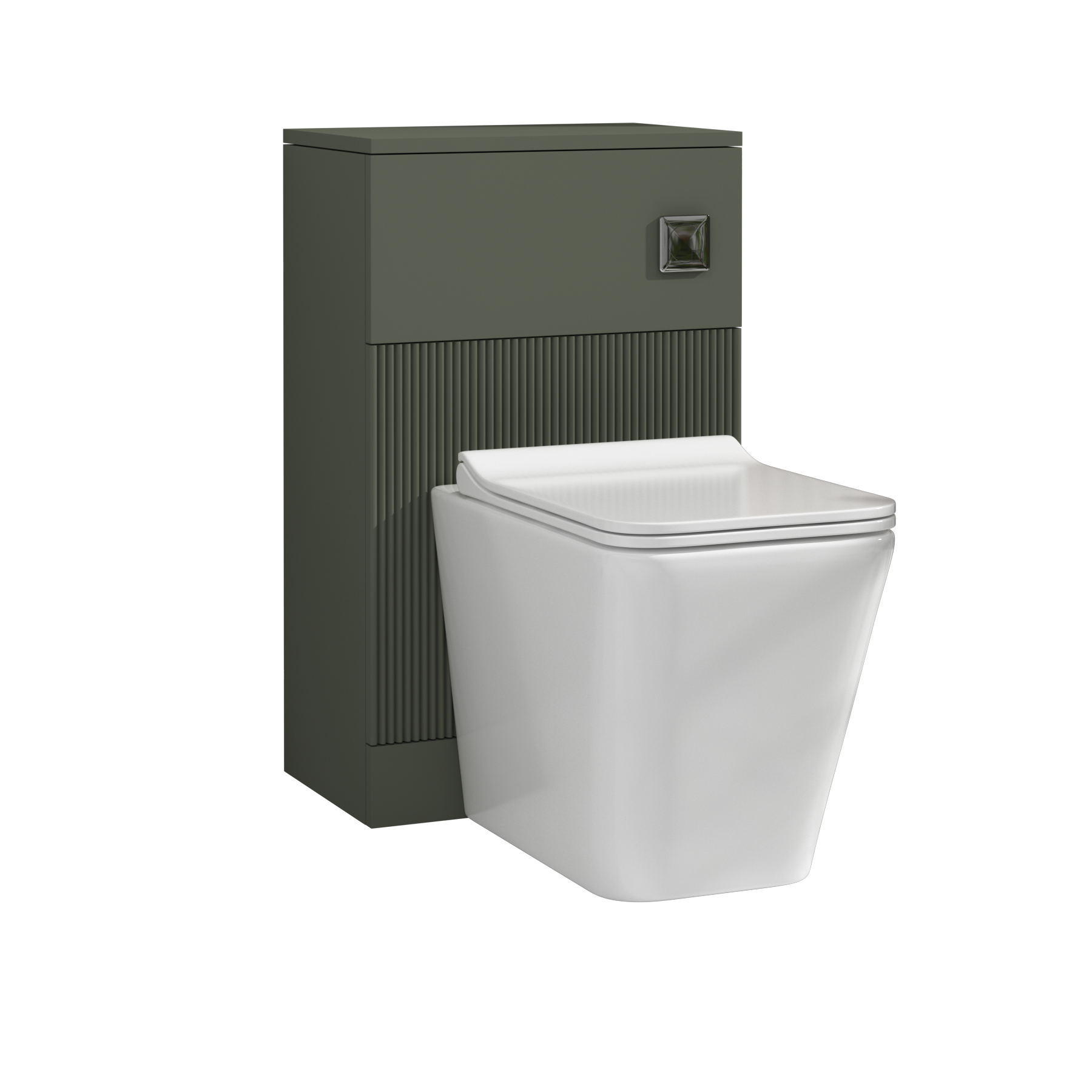 Evora 500mm Sage Green Fluted BTW  WC Unit with Elena Rimless Toilet Pan & Slim Seat, Cistern 