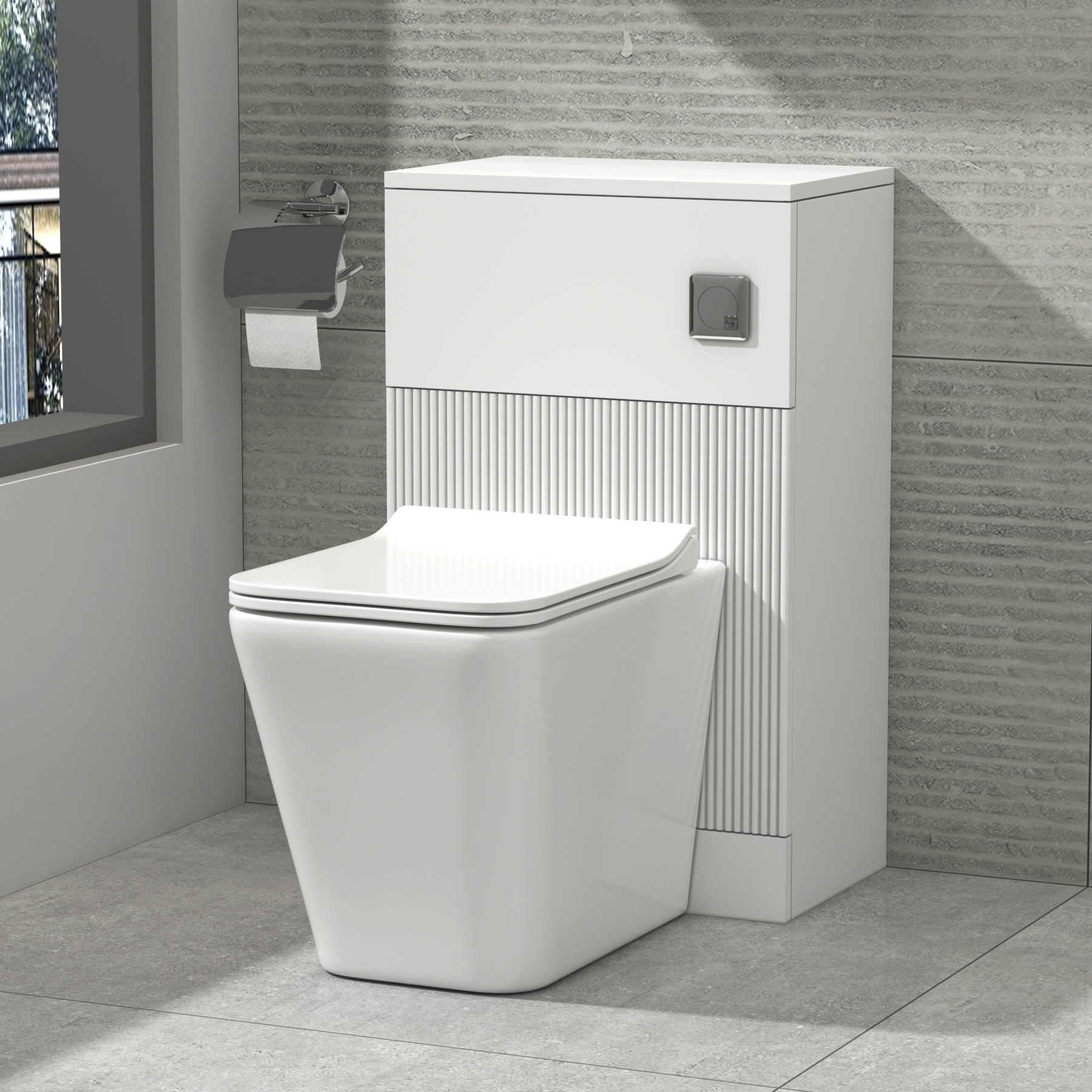 Evora 500mm Satin White Fluted BTW  WC Unit with Elena Rimless Toilet Pan & Slim Seat, Cistern