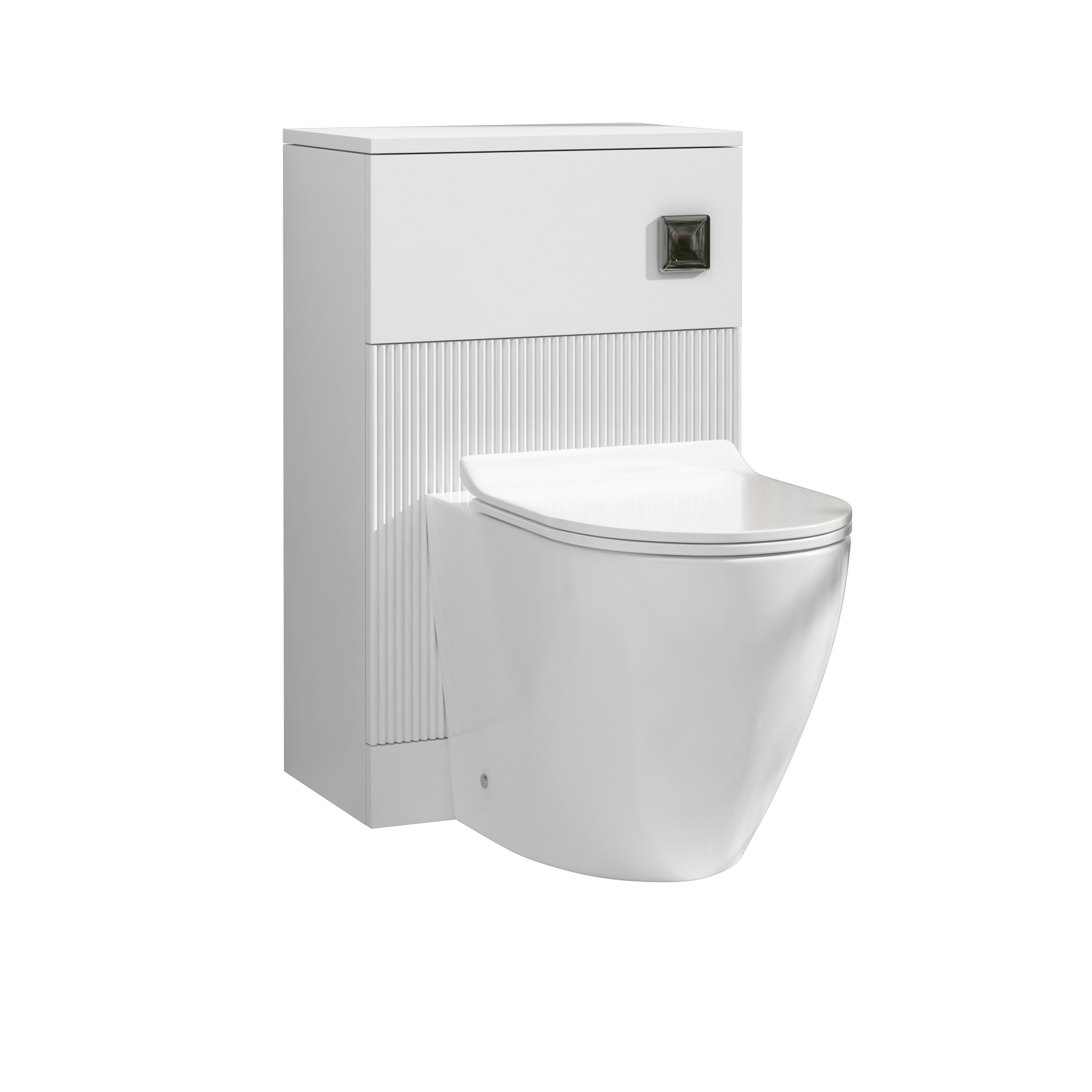 Evora 500mm Matt White Fluted BTW WC Unit with Elva Rimless Toilet Pan & Slim Seat, Cistern 
