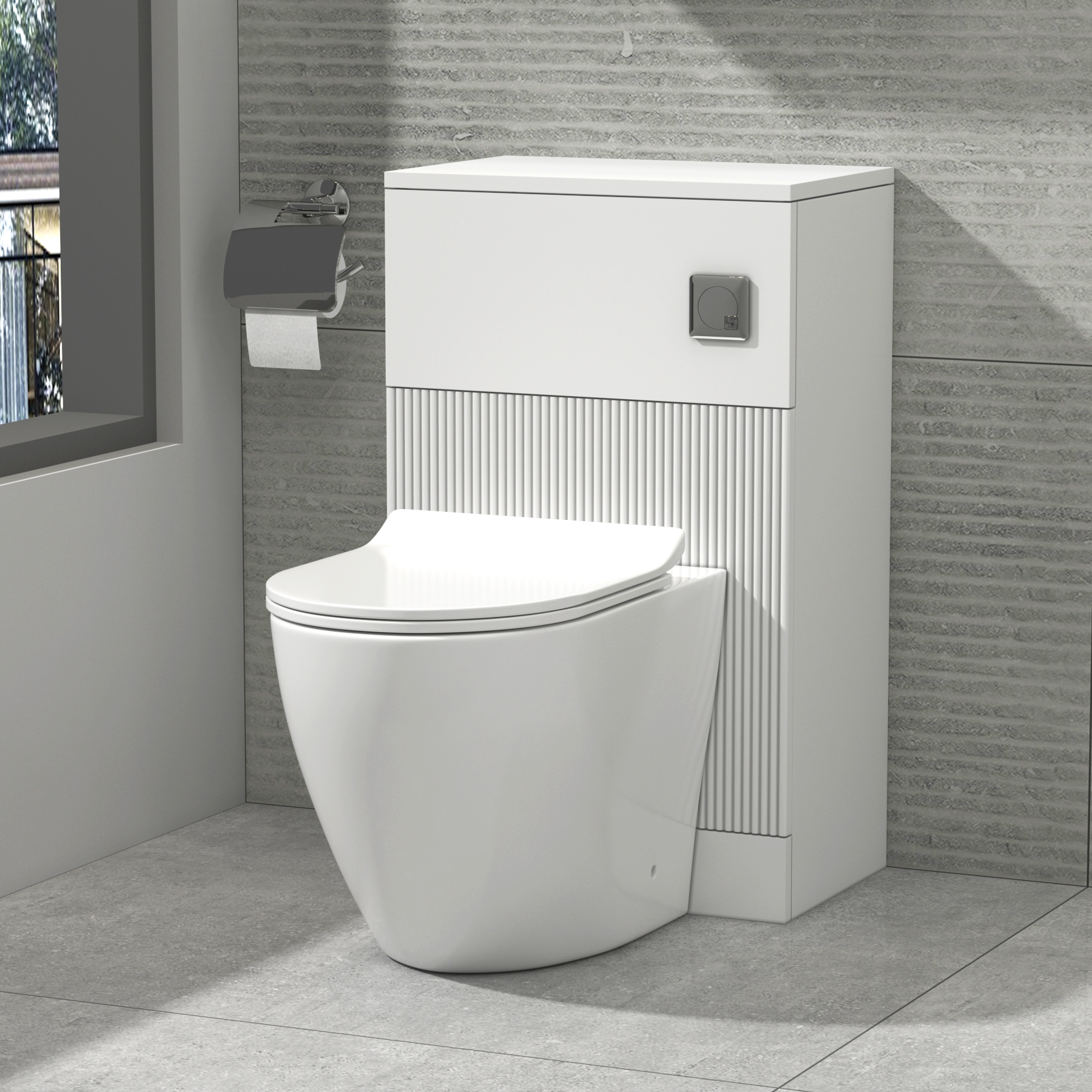 Evora 500mm Satin White Fluted BTW WC Unit with Abacus Rimless Toilet Pan & Slim Seat, Cistern