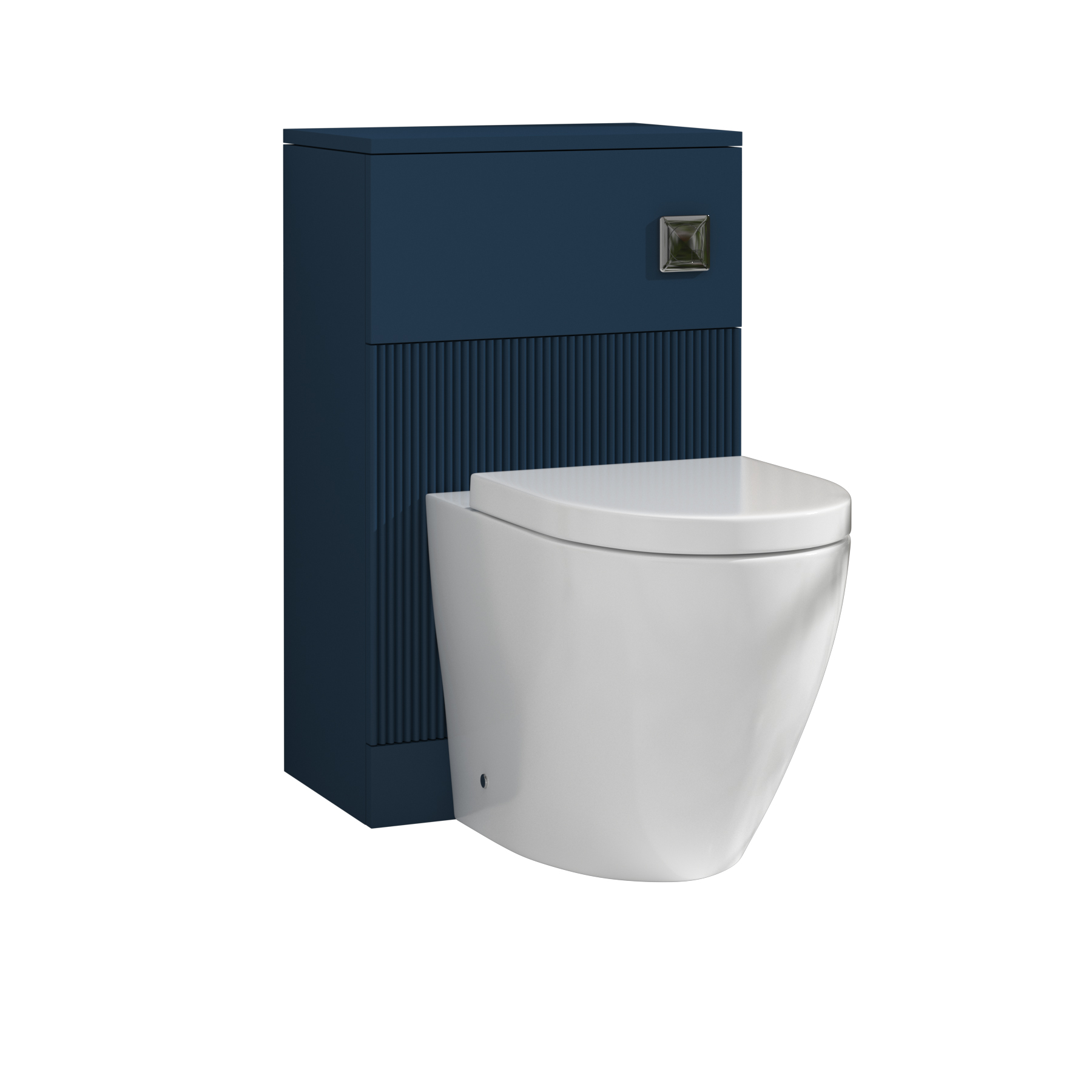 Evora 500mm Midnight Blue Fluted BTW WC Unit with Elva Rimless Toilet Pan & Seat, Cistern