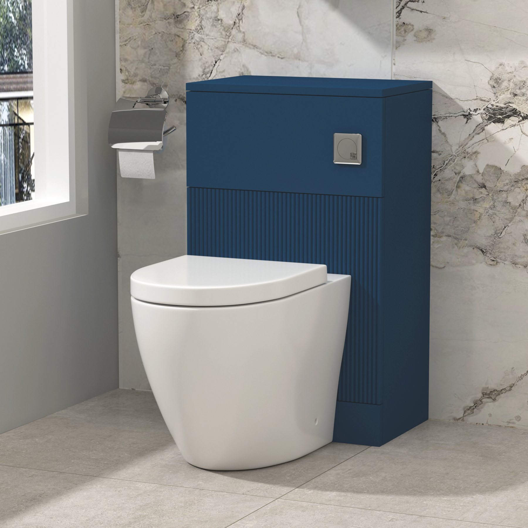 Evora 500mm Midnight Blue Fluted BTW WC Unit with Elva Rimless Toilet Pan & Seat, Cistern