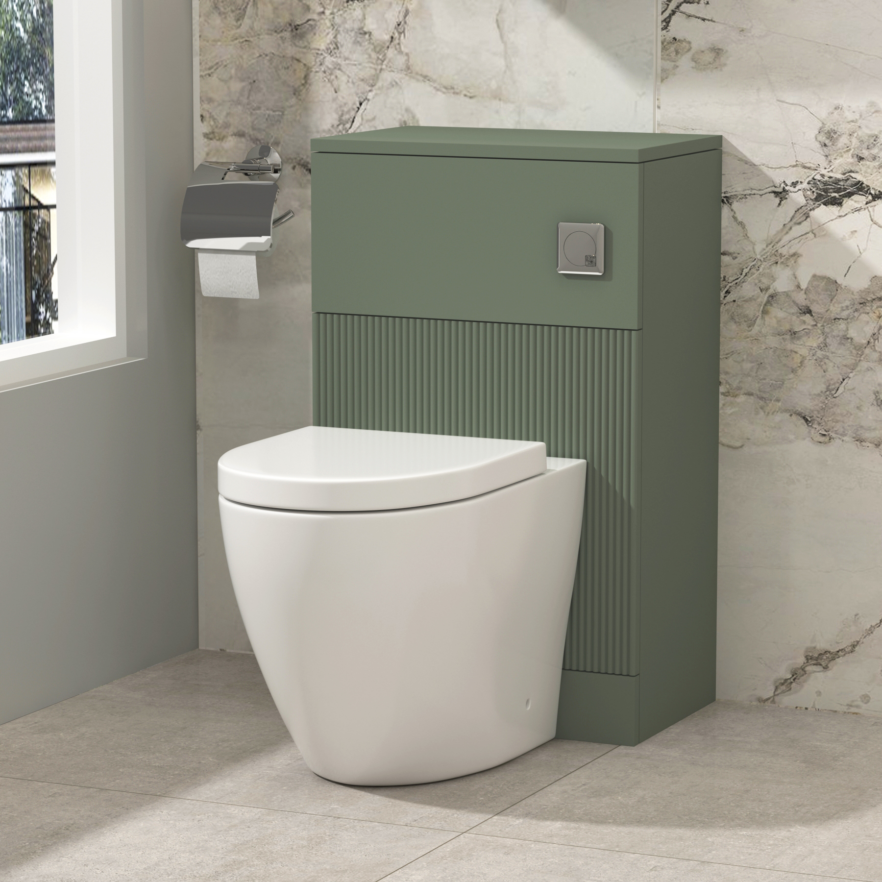 Evora 500mm Satin Green Fluted BTW WC Unit with Abacus Rimless Toilet Pan & Seat, Cistern