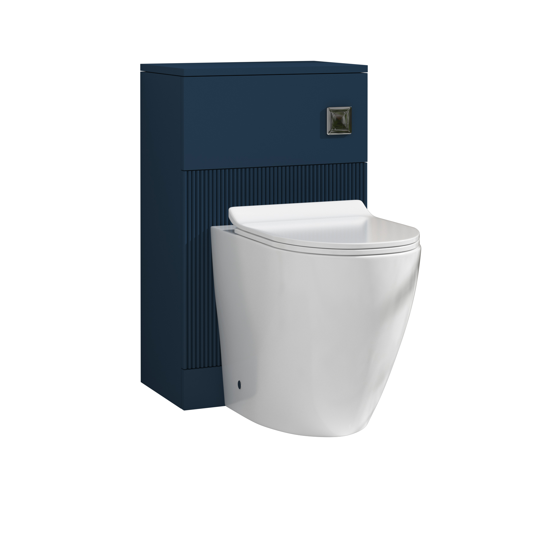 Evora 500mm Midnight Blue Fluted BTW WC Unit with Elva Rimless Short Projection Toilet Pan & Slim Seat, Cistern
