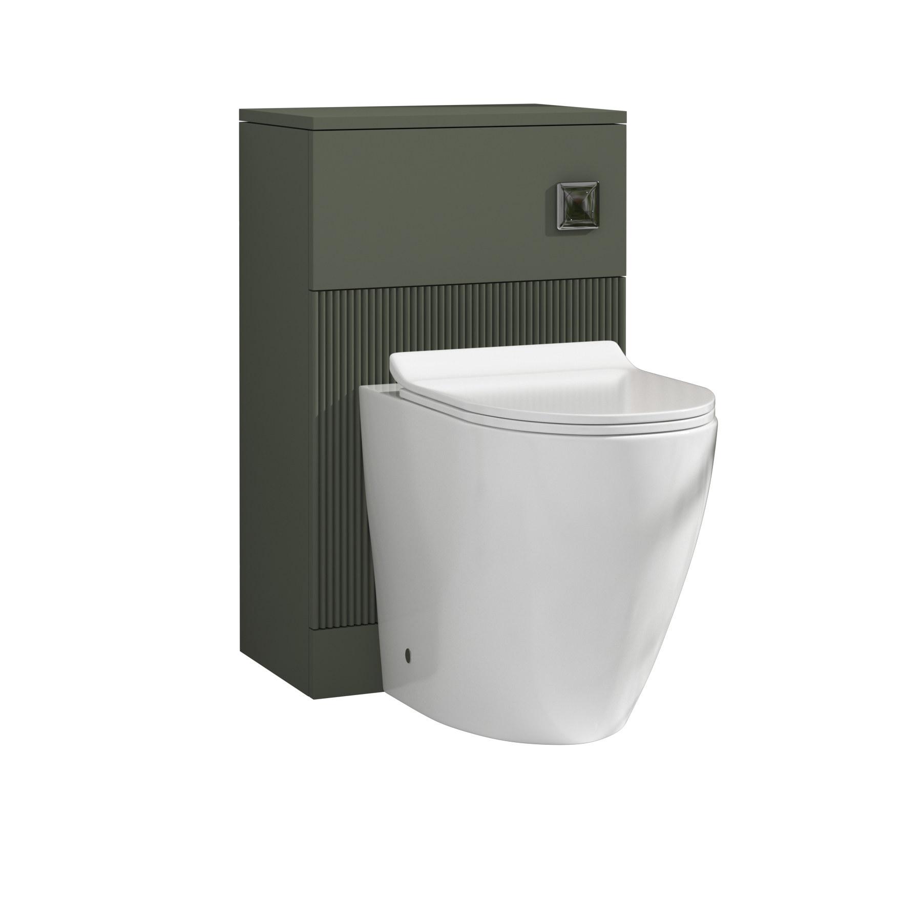Evora 500mm Sage Green Fluted BTW WC Unit with Elva Rimless Short Projection Toilet Pan & Slim Seat, Cistern