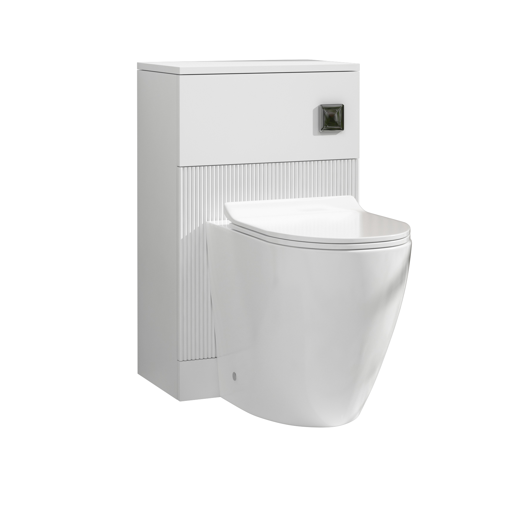 Evora 500mm Matt White Fluted BTW WC Unit with Elva Rimless Short Projection Toilet Pan & Slim Seat, Cistern