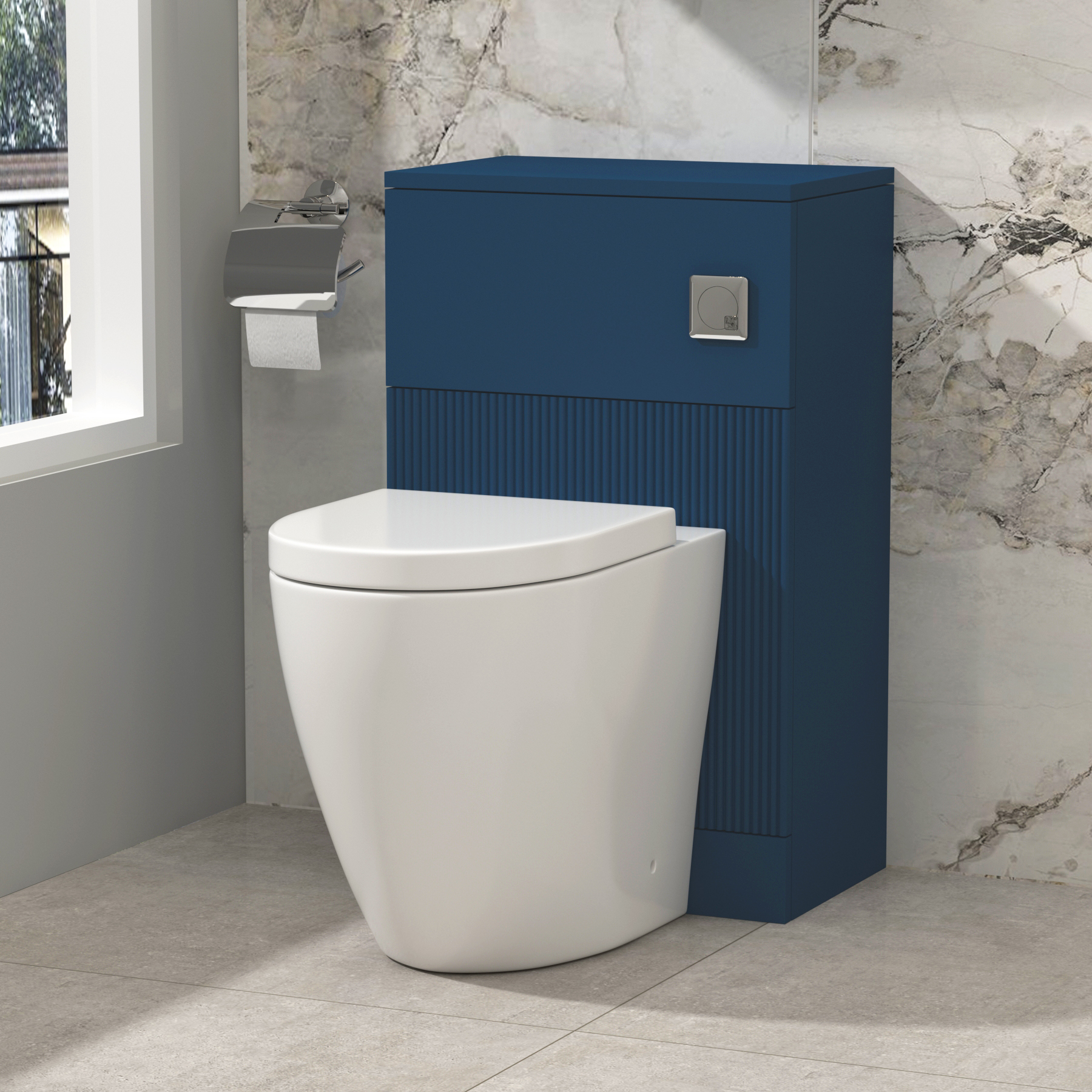 Evora 500mm Satin Blue Fluted BTW WC Unit With Rimless Toilet Seat and Various Pans