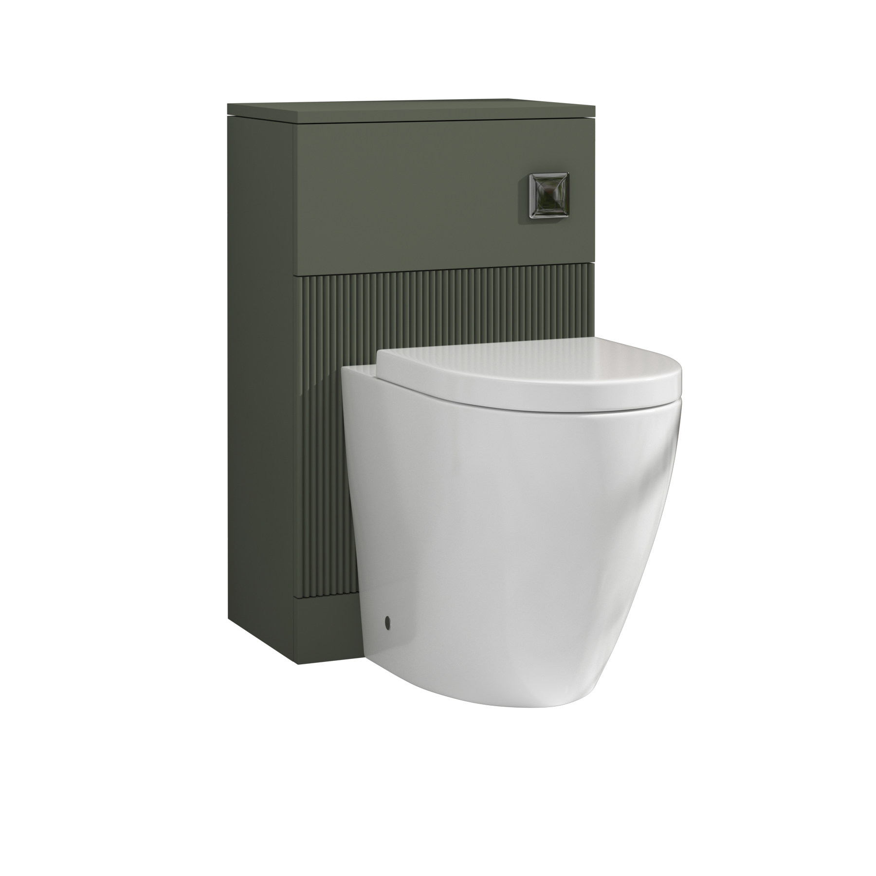 Evora 500mm Sage Green Fluted BTW WC Unit with Elva Rimless Short Projection Toilet Pan & Seat, Cistern
