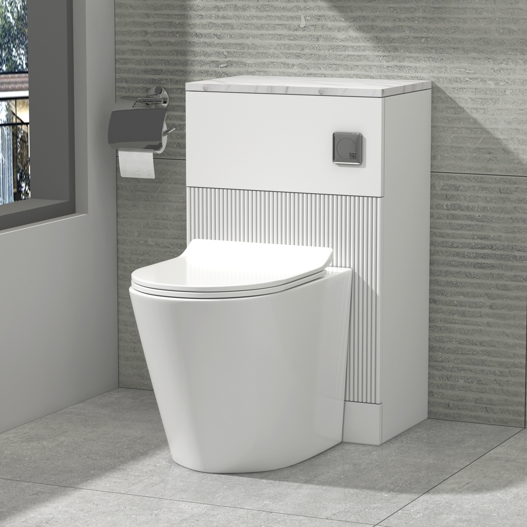 Evora 500mm White Fluted BTW WC Unit with Cesar Rimless Toilet Pack & Slim Seat - Carrara White Top