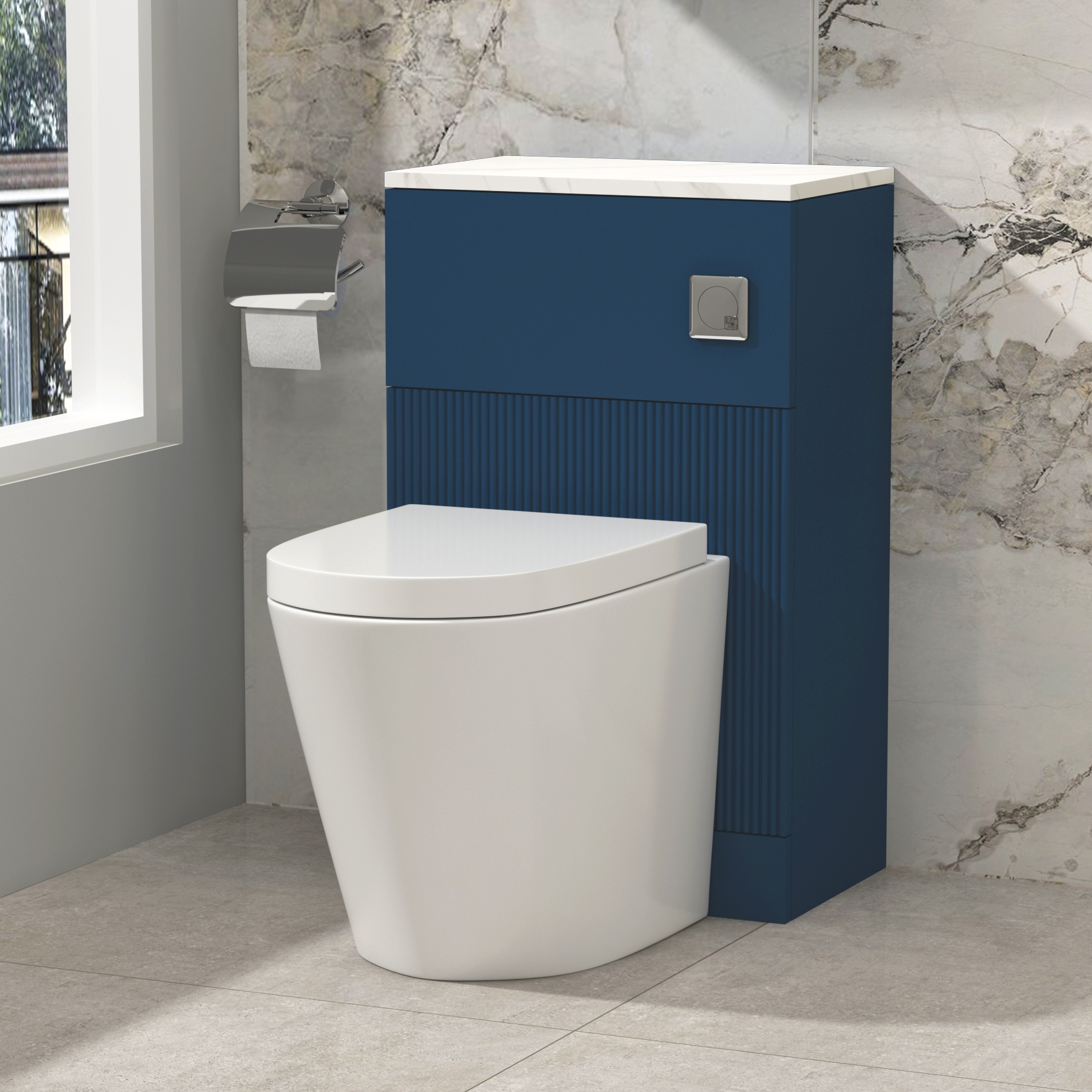 Evora 500mm Midnight Blue Fluted BTW WC Unit With Rimless Toilet Seat and Various Pans