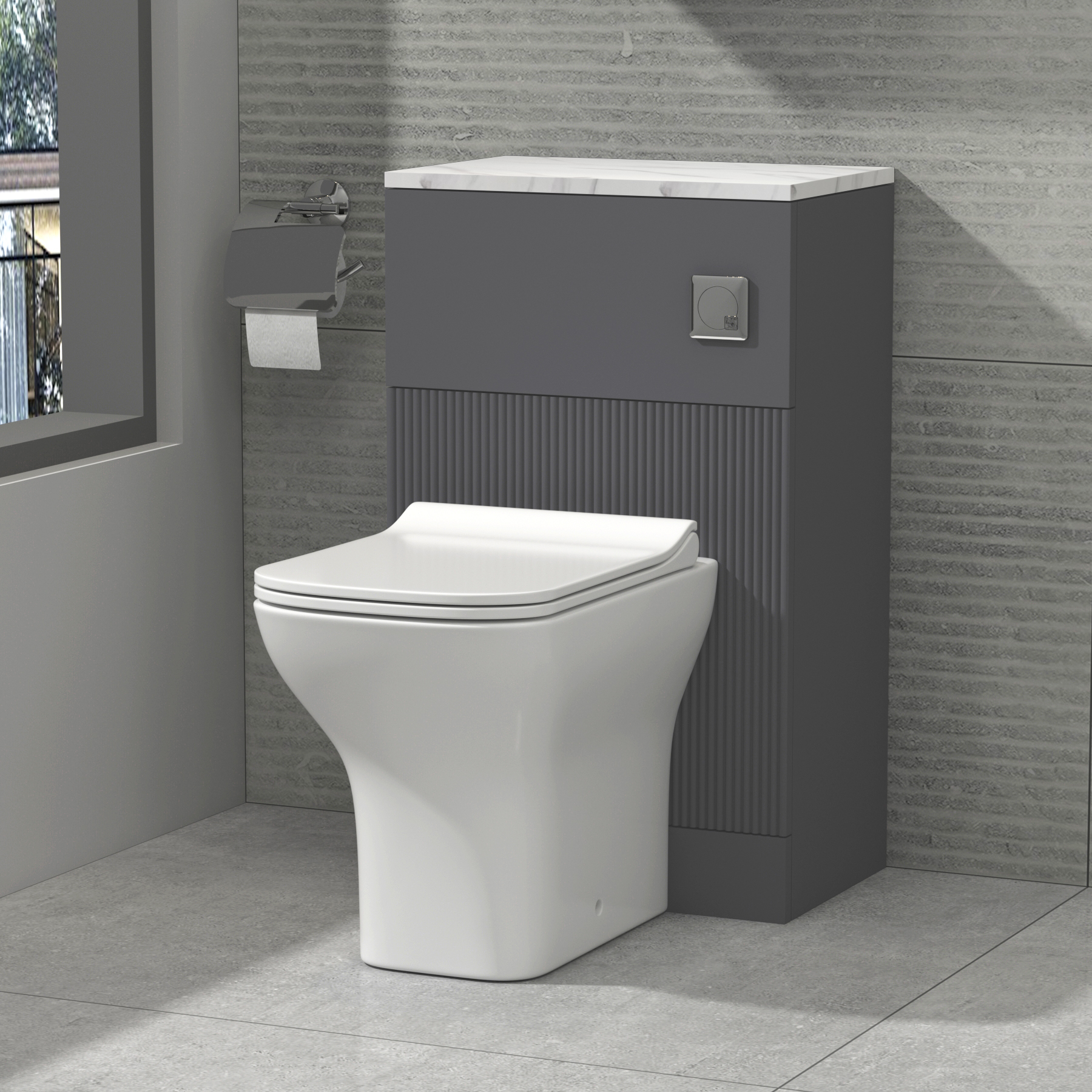Evora 500mm Grey Fluted BTW WC Unit with Qubix Toilet Pack & Slim Seat - Carrara White Top