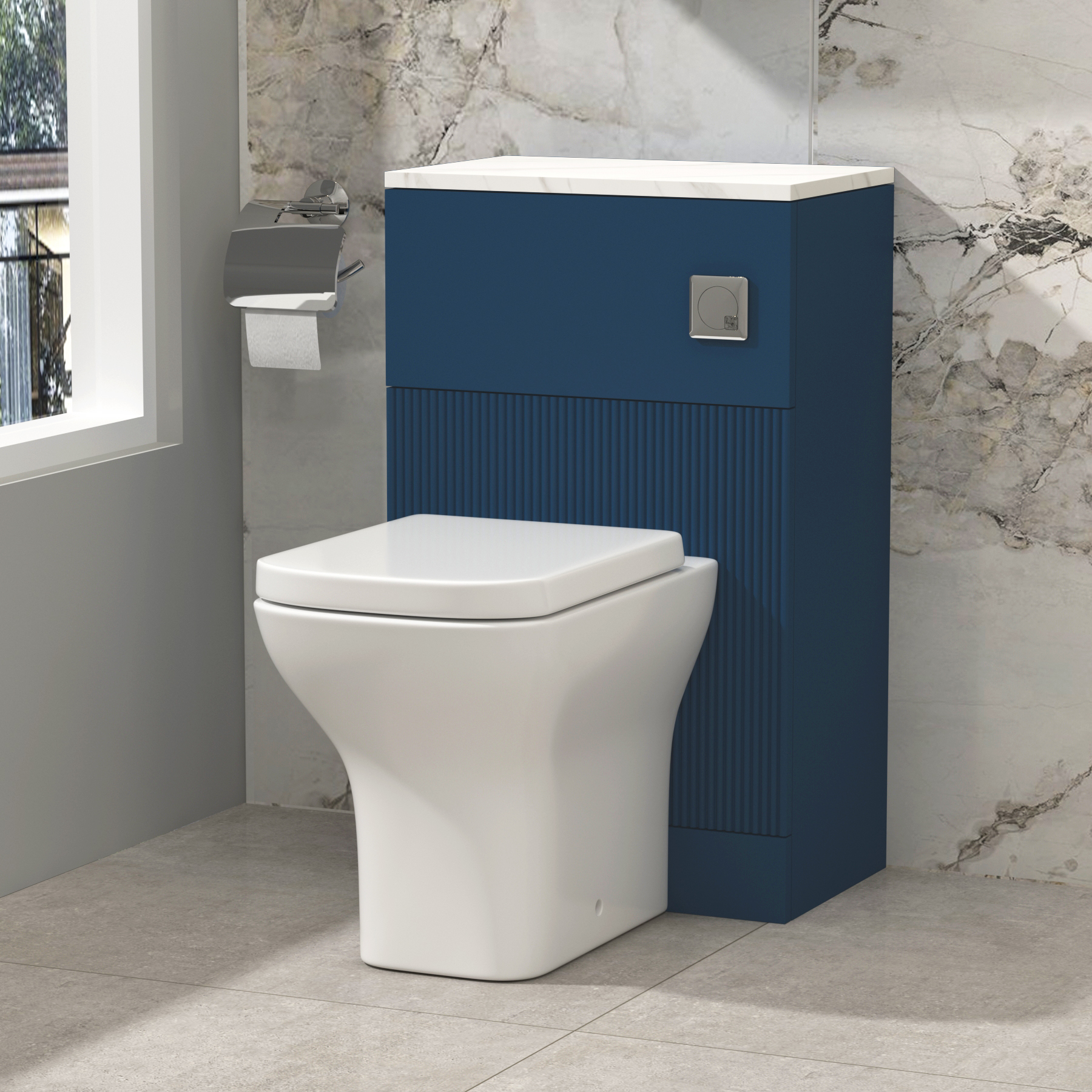 Evora 500mm Blue Fluted BTW WC Unit with Qubix Toilet Pack & Seat - Carrara White Top