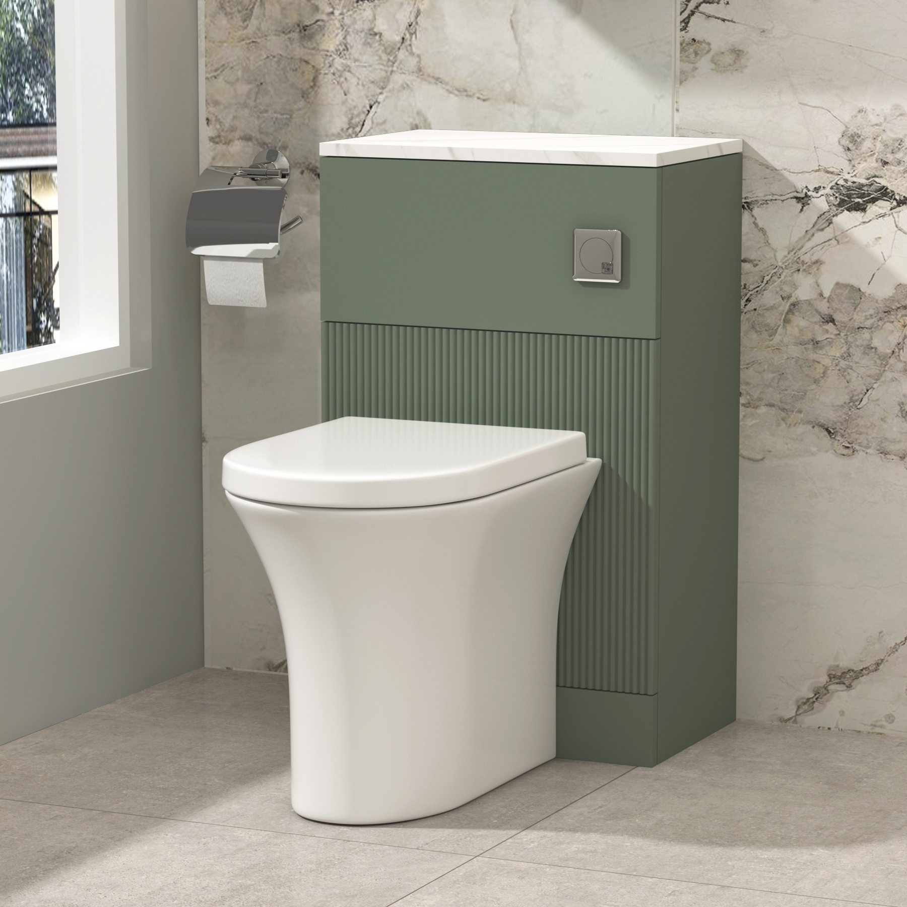 Evora 500mm Fluted Sage Green BTW WC Unit With Rimless Toilet Seat and Various Pans