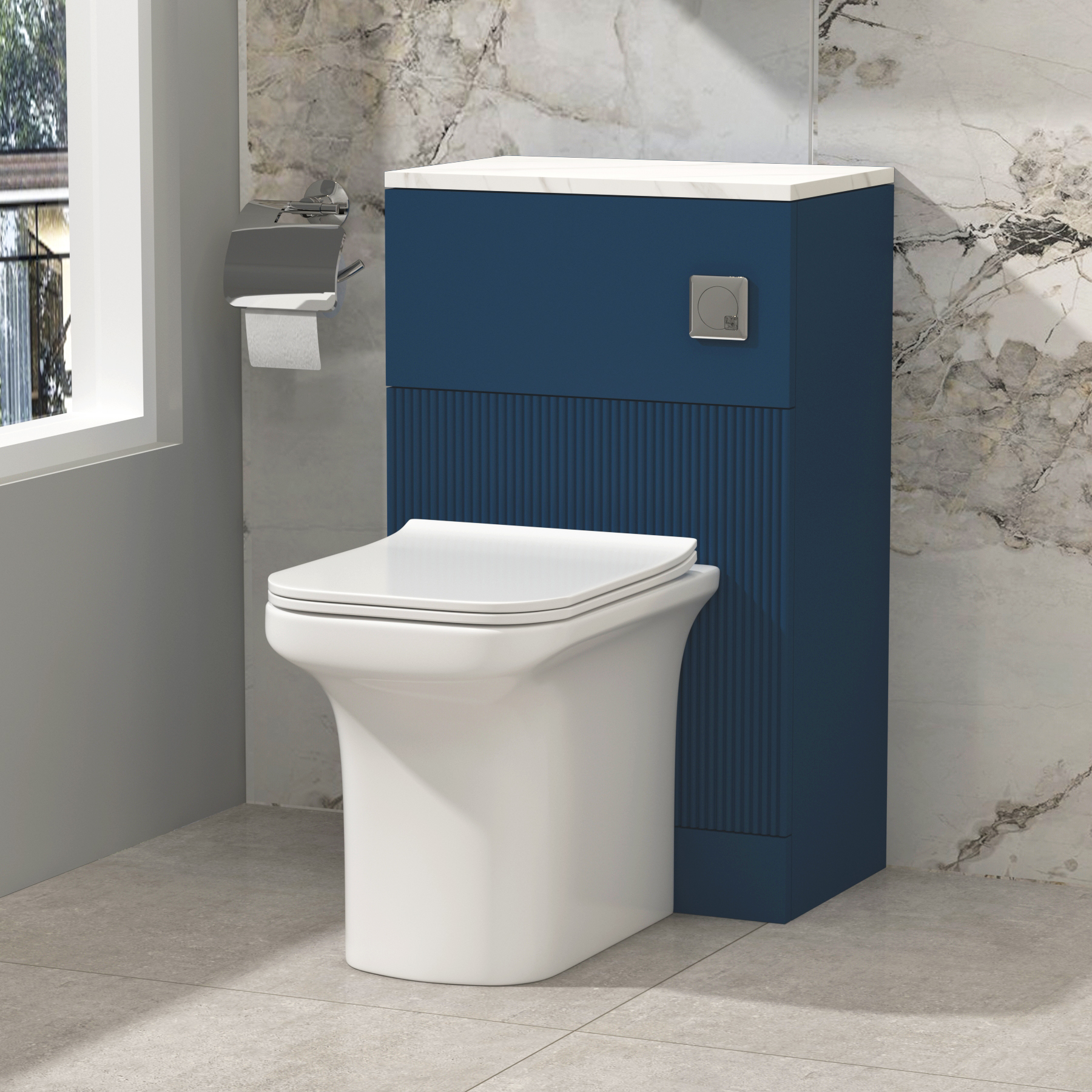 Evora 500mm Midnight Blue Fluted BTW WC Unit With Rimless Toilet Seat and Various Pans