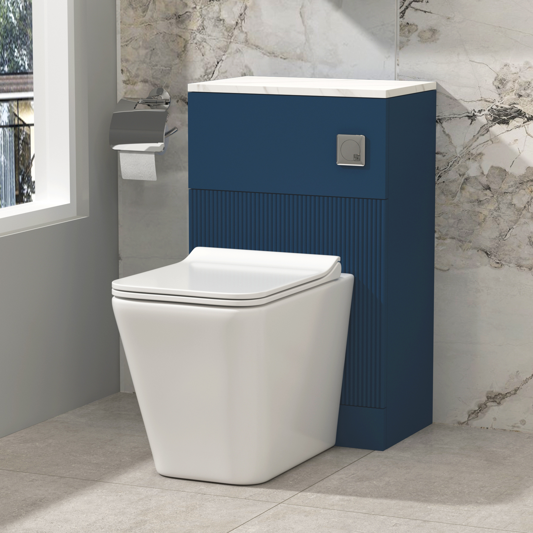 Evora 500mm Midnight Blue Fluted BTW WC Unit With Rimless Toilet Seat and Various Pans