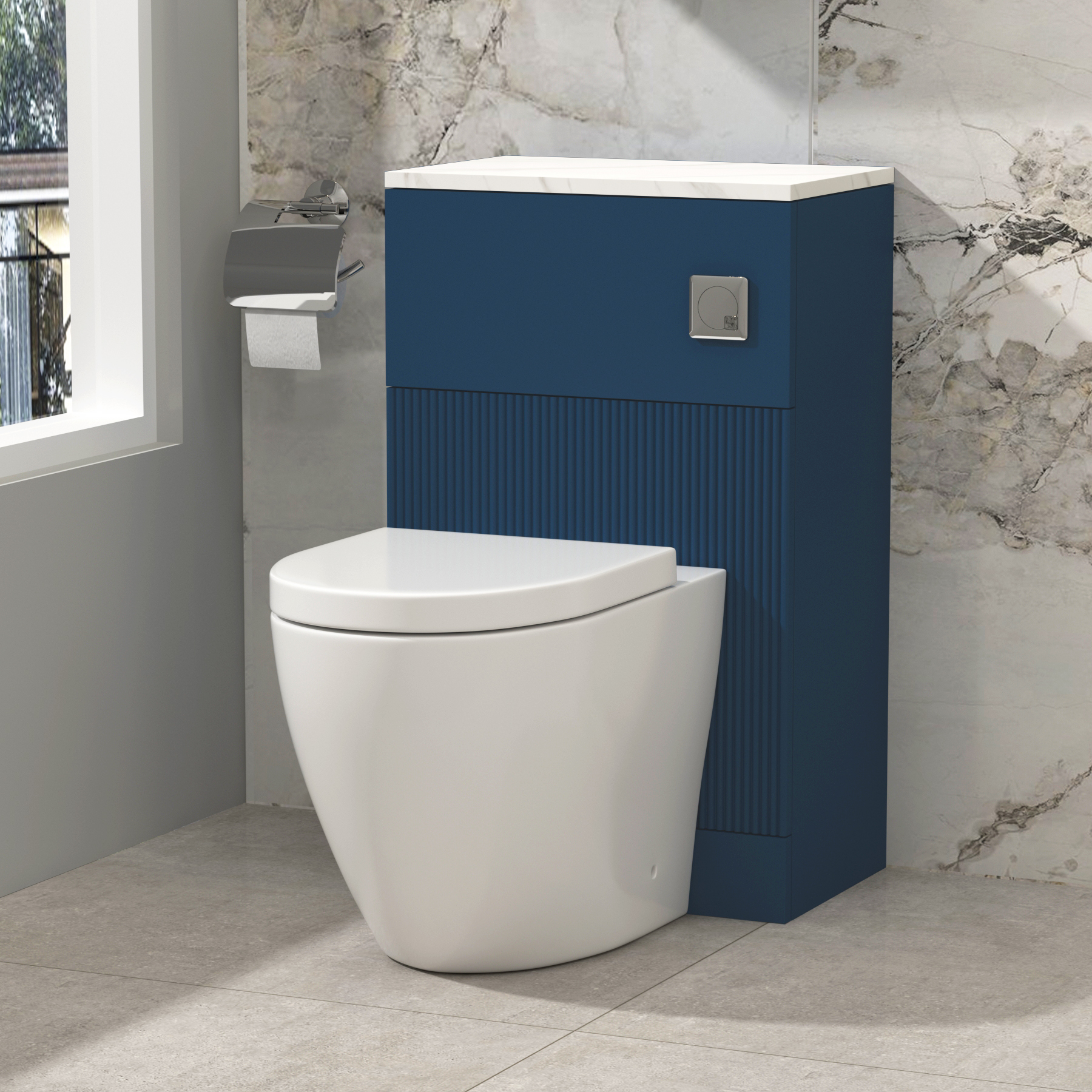 Evora 500mm Blue Fluted BTW WC Unit with Abacus Rimless Toilet Pack & Seat - Carrara White Top