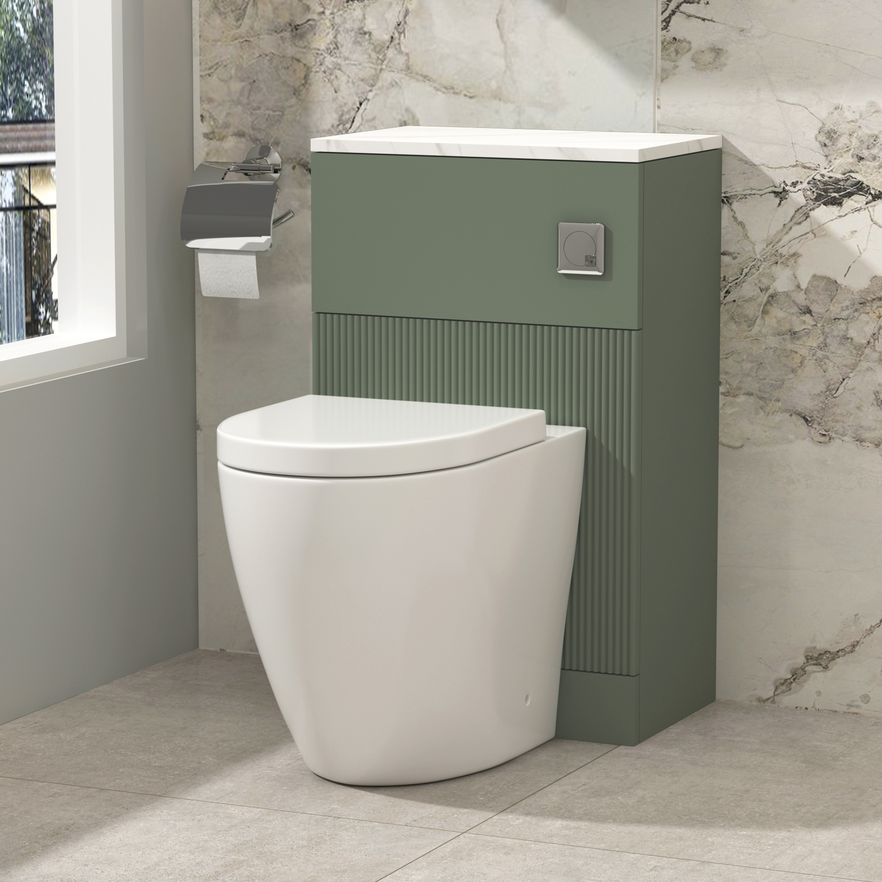 Evora 500mm Green Fluted BTW WC Unit with Abacus Rimless Short Projection Toilet Pack & Seat - Carrara White Top