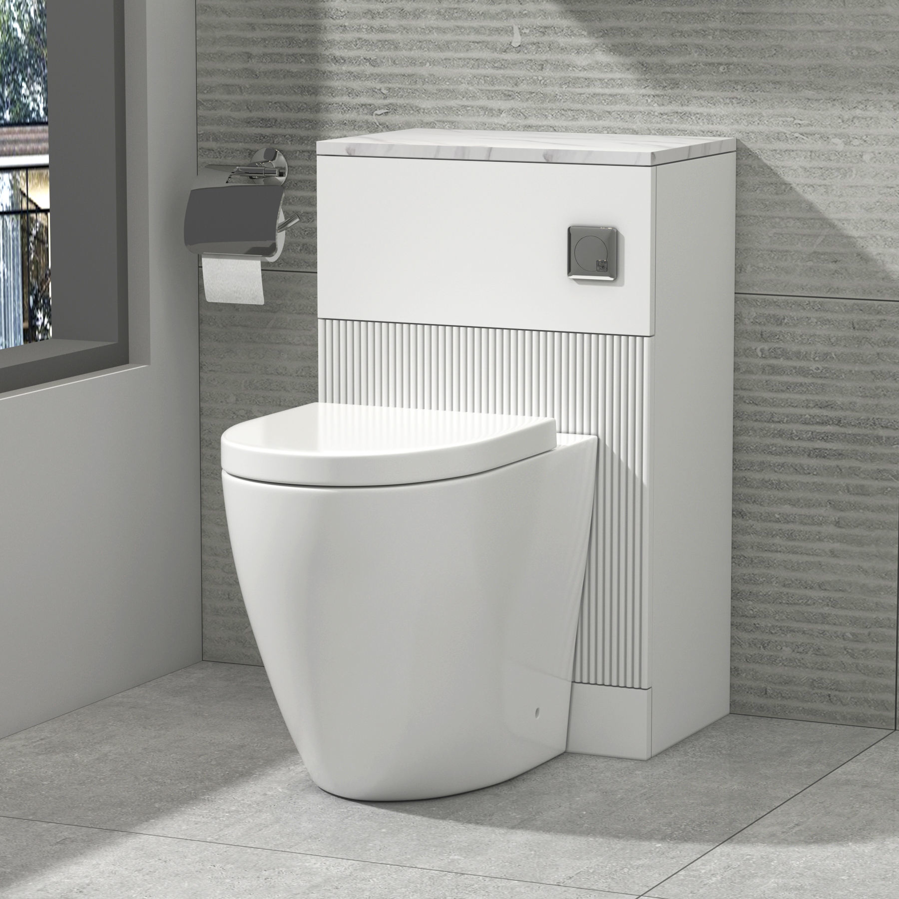 Evora 500mm Matt White Fluted BTW WC Unit With Rimless Toilet Seat and Various Pans