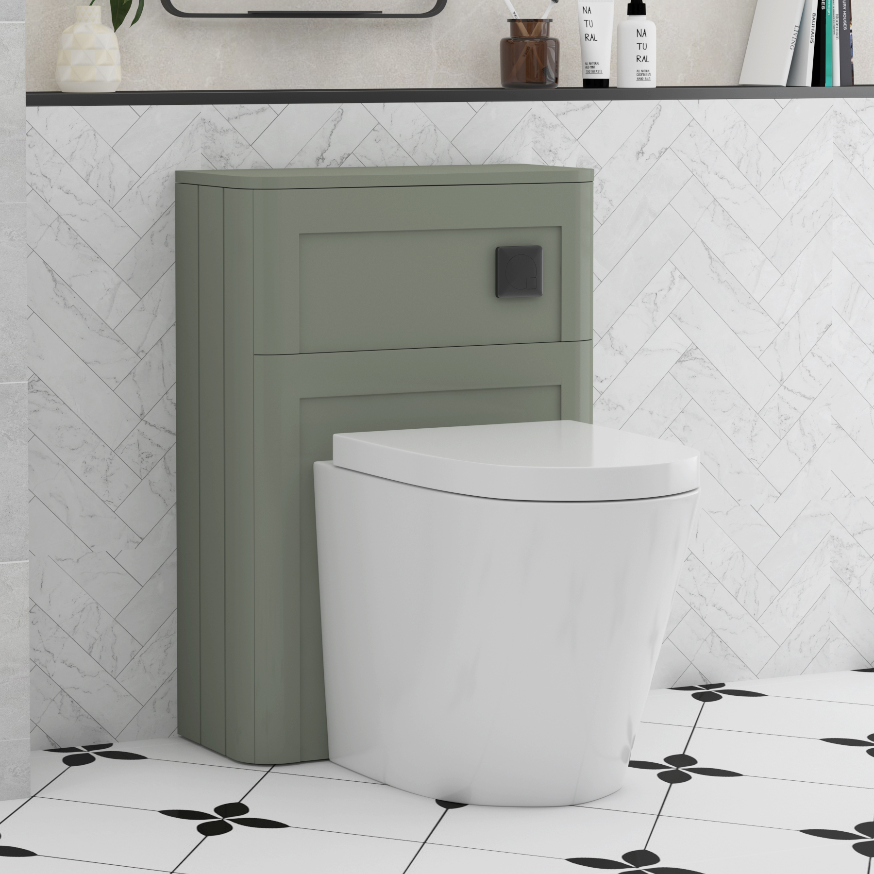 Henley 550mm Sage Green BTW WC Unit With Rimless Toilet Seat and Various Pans