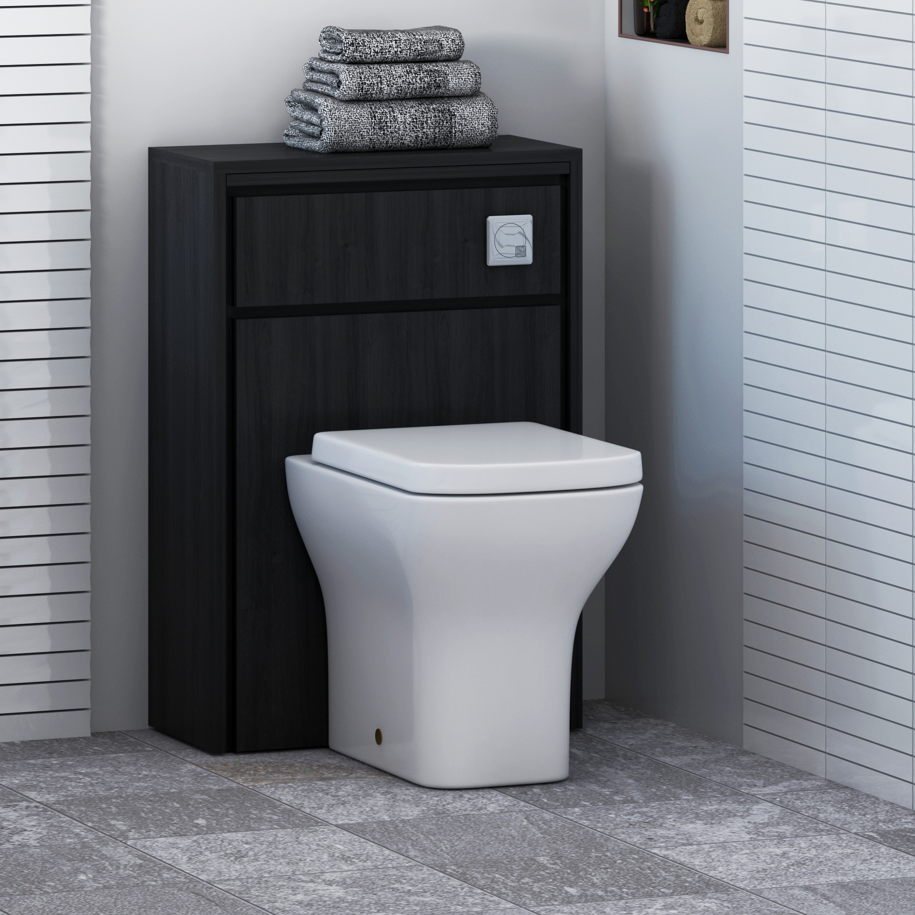 Livora 555mm Black Woodgrain BTW WC Unit With Rimless Toilet Seat and Various Pans