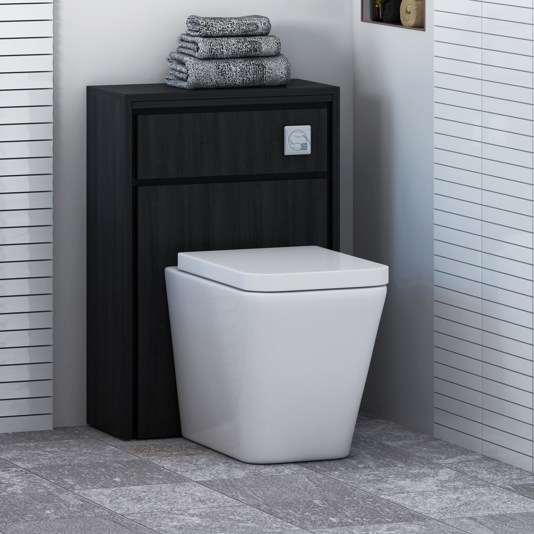 Livora 555mm Black Woodgrain BTW WC Unit With Rimless Toilet Seat and Various Pans