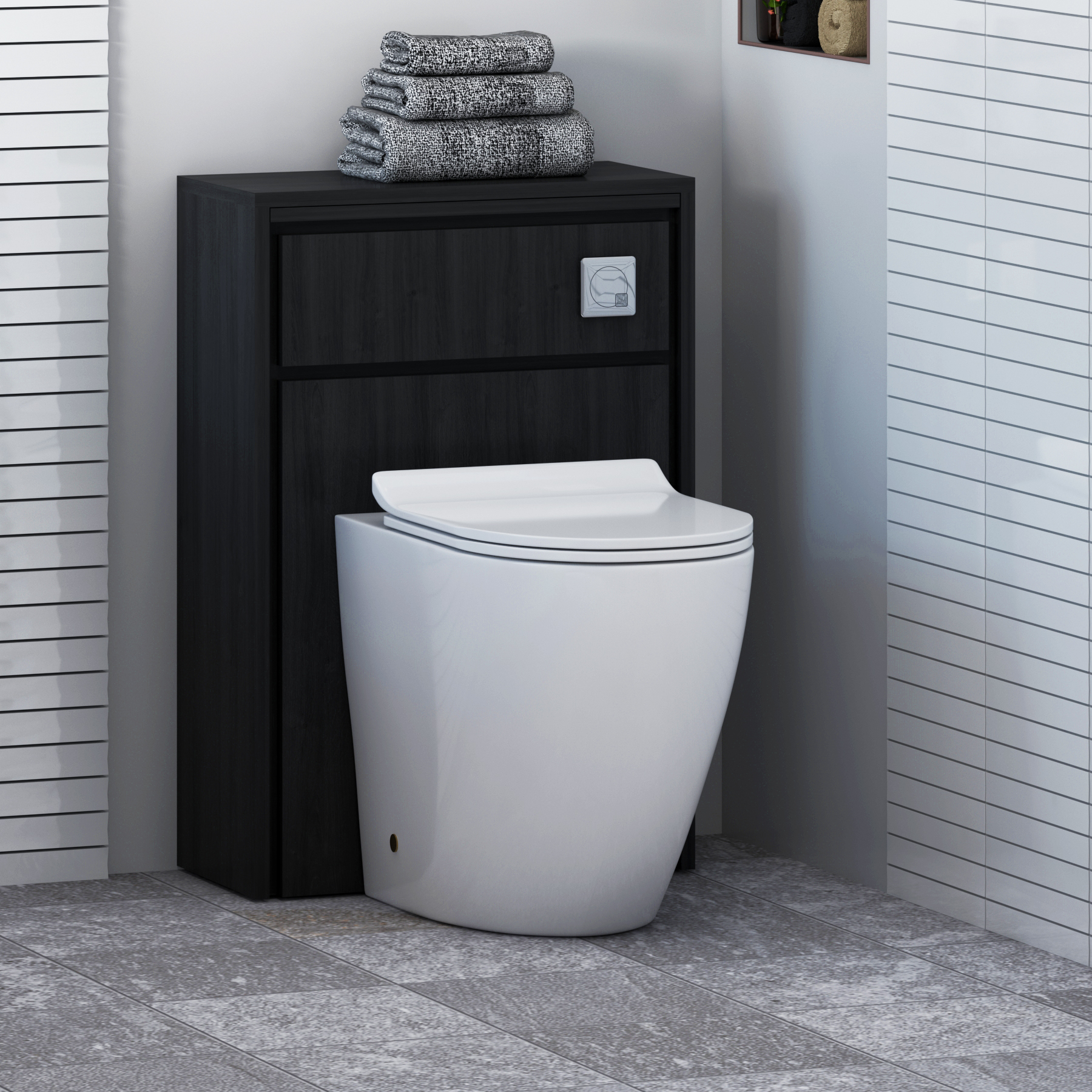 Livora 555mm Black Woodgrain BTW WC Unit With Rimless Toilet Seat and Various Pans