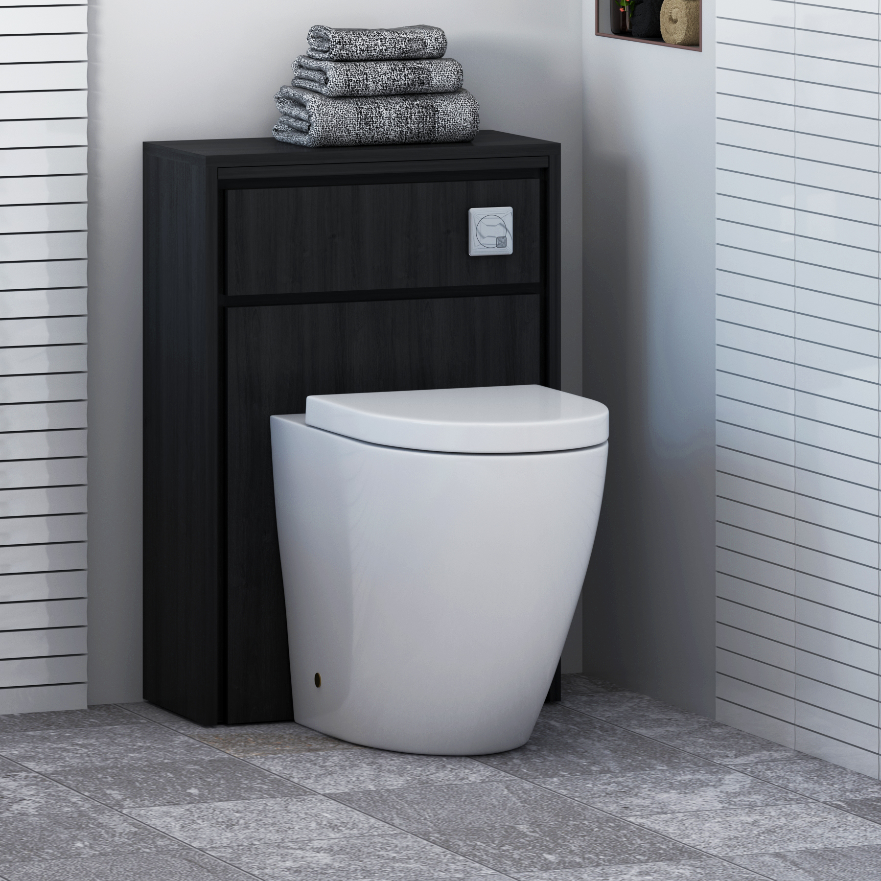 Livora 555mm Black Woodgrain BTW WC Unit With Rimless Toilet Seat and Various Pans