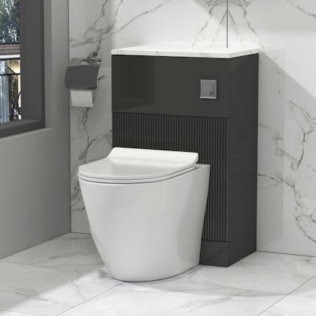 Lyon 550mm Gloss Anthracite Fluted BTW WC Unit With Rimless Toilet Seat and Various Pans