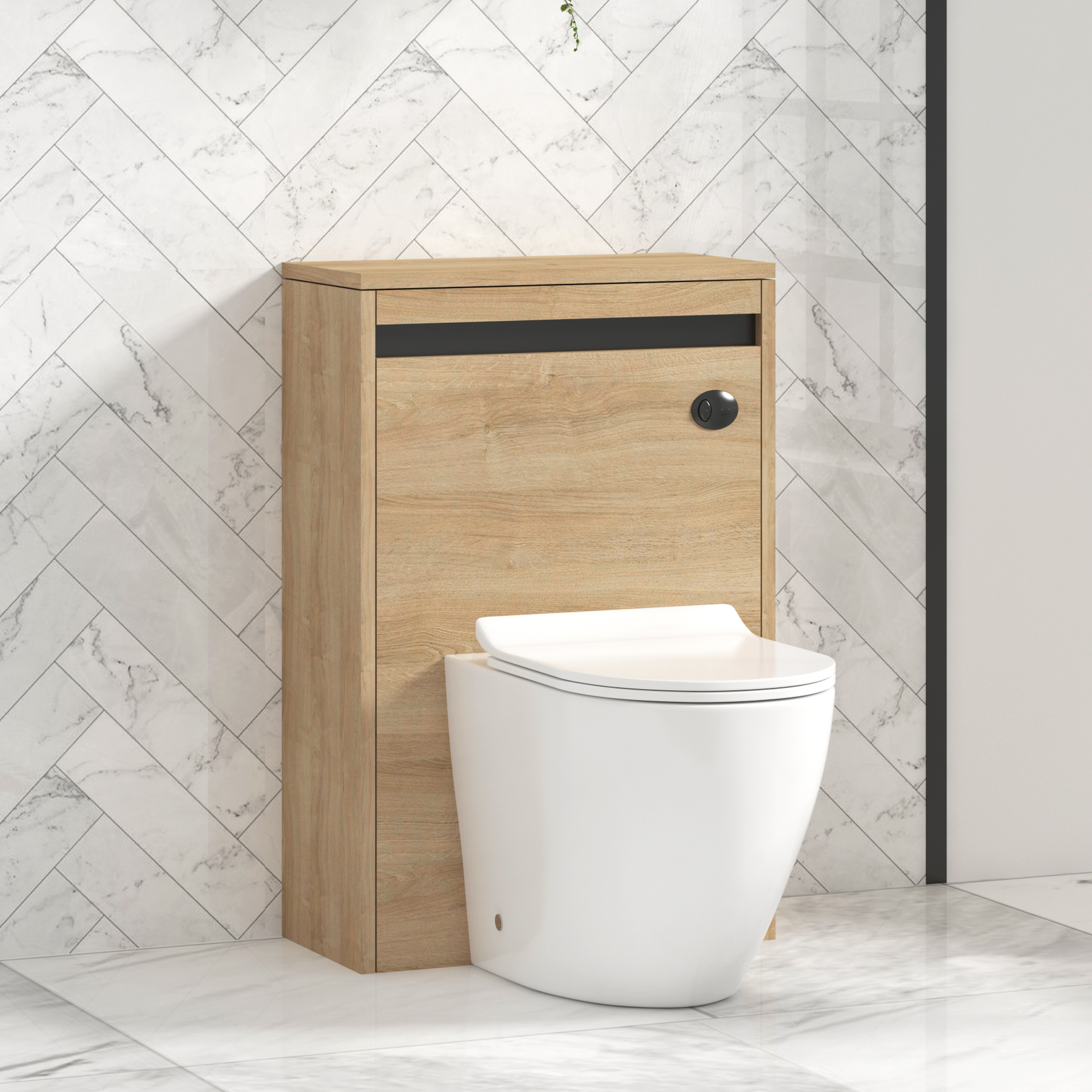 Orion 500mm Oak BTW WC Unit with Elva Rimless Toilet Pan & Slim Seat, Cistern | Black Strip