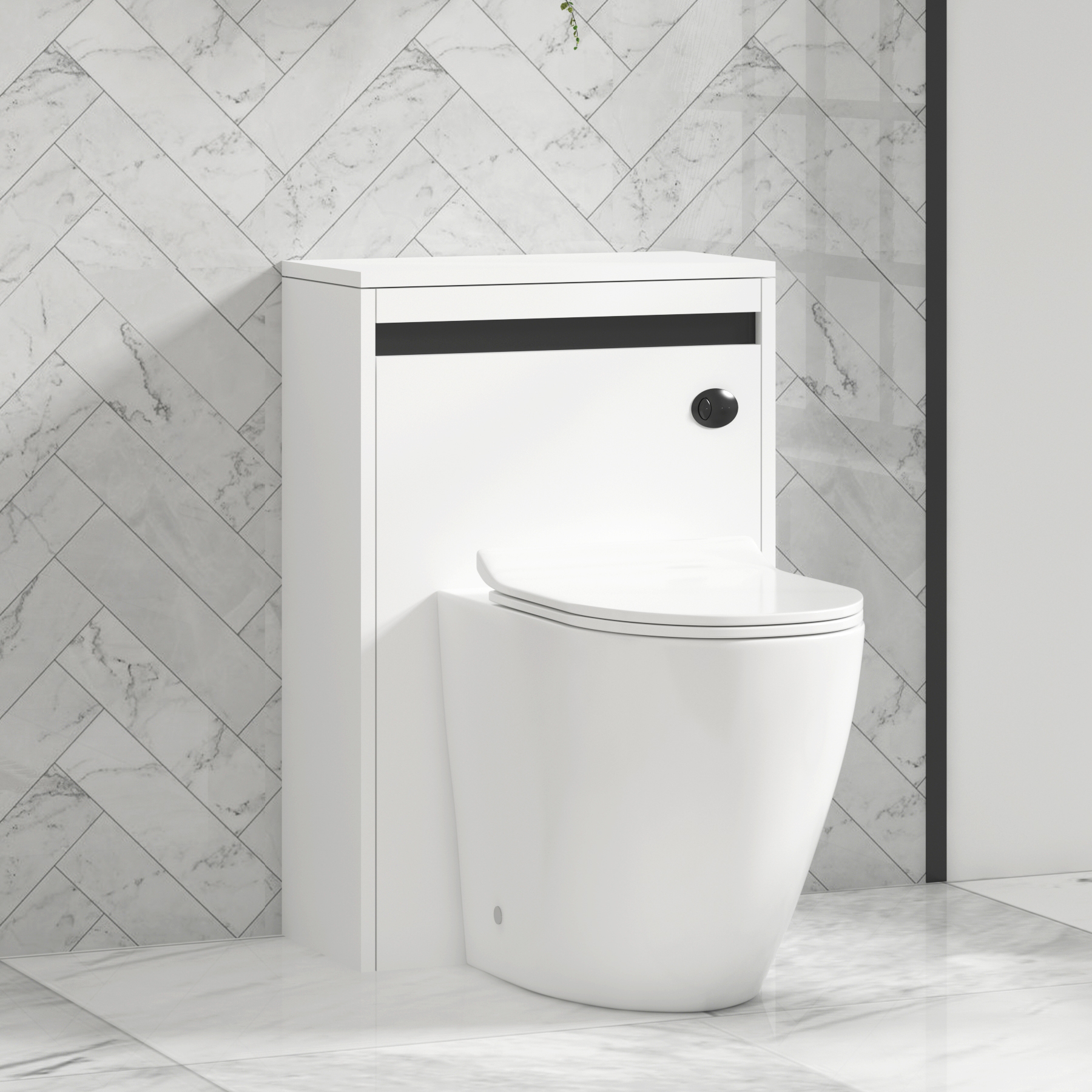 Orion 500mm Matte White BTW WC Unit with Elva Rimless Short Projection Toilet Pan & Slim Seat, Cistern | Black Strip