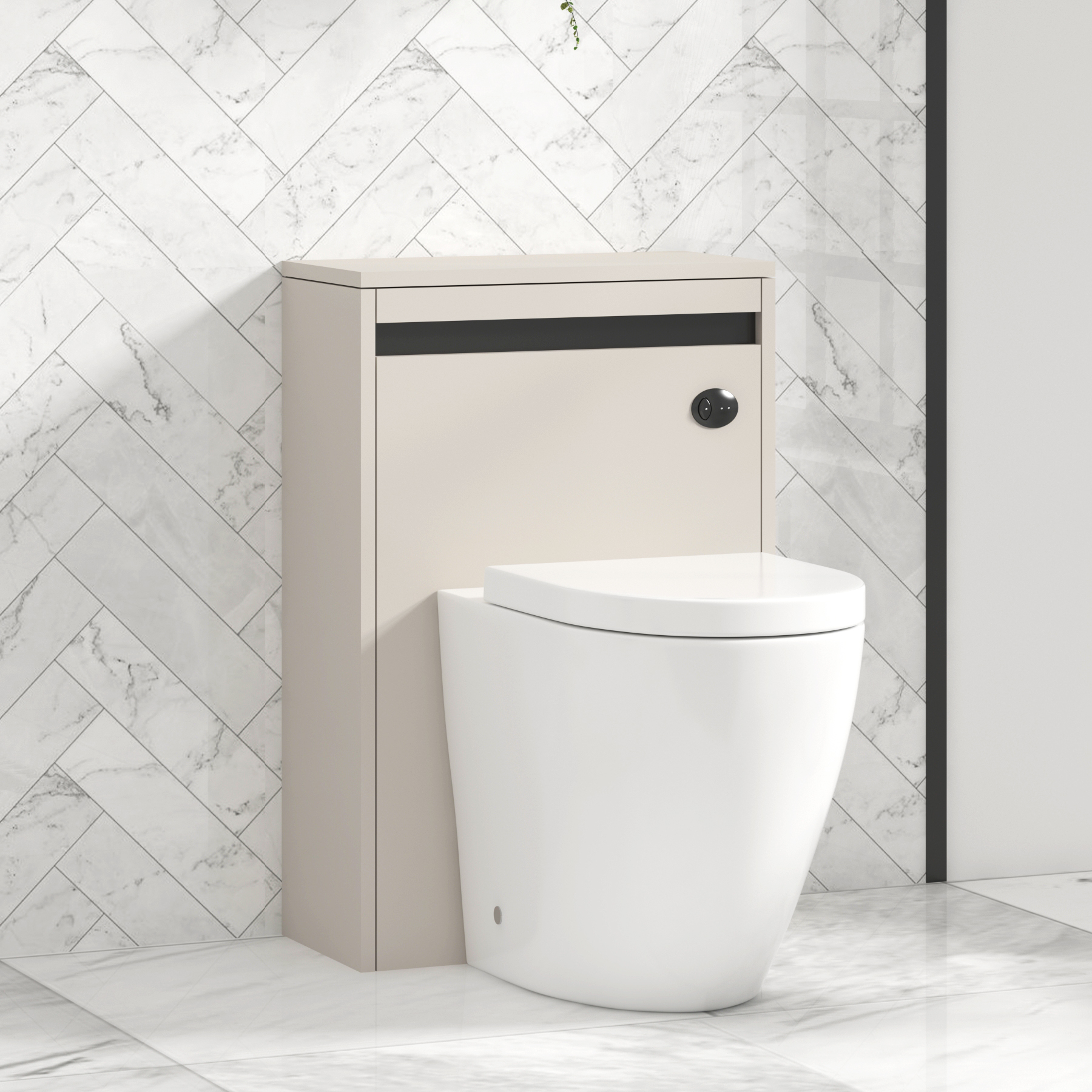 Orion 500mm Beige BTW WC Unit with Elva Rimless Short Projection Toilet Pan & Seat, Cistern | Black Strip