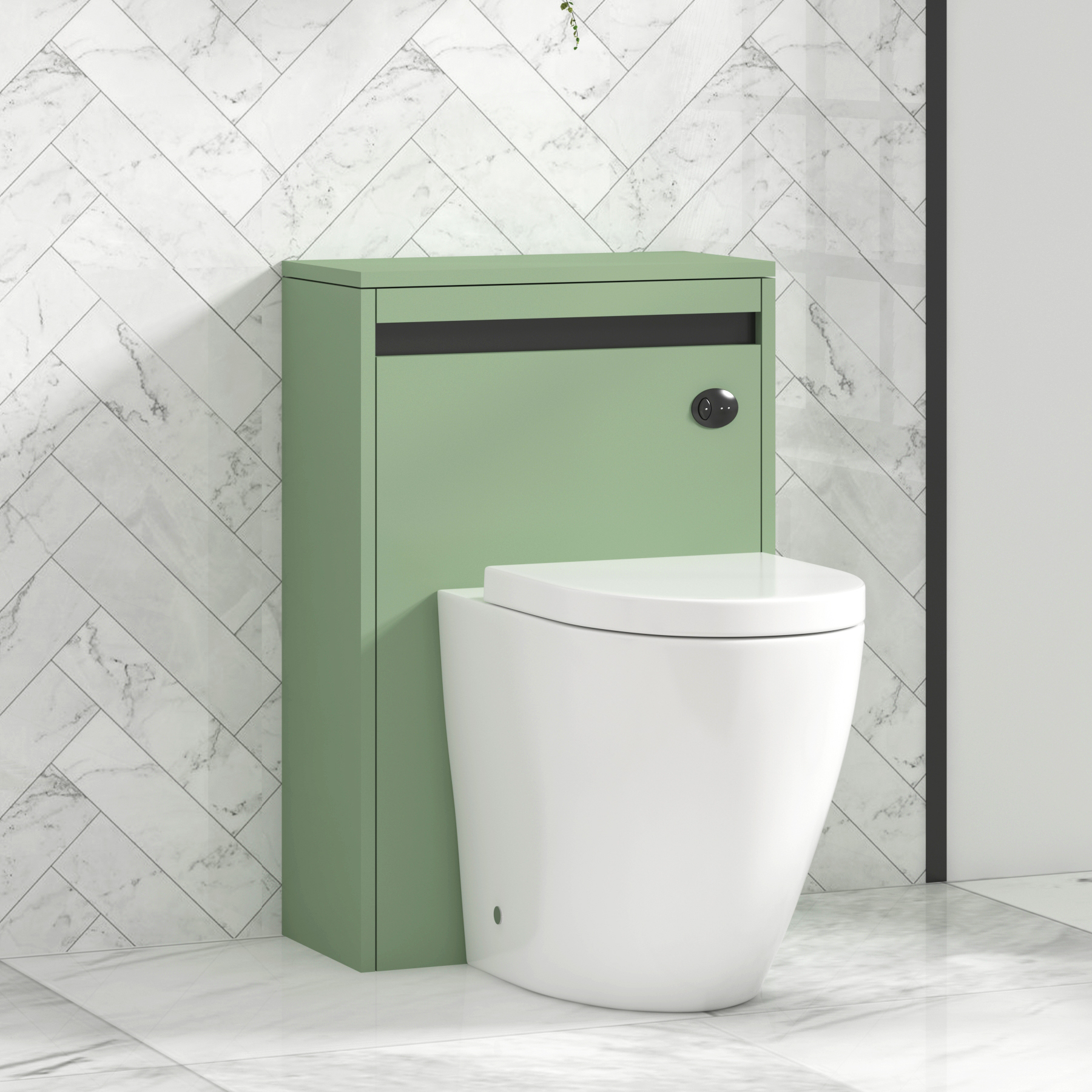 Orion 500mm Mint Green BTW WC Unit with Elva Rimless Short Projection Toilet Pan & Seat, Cistern | Black Strip