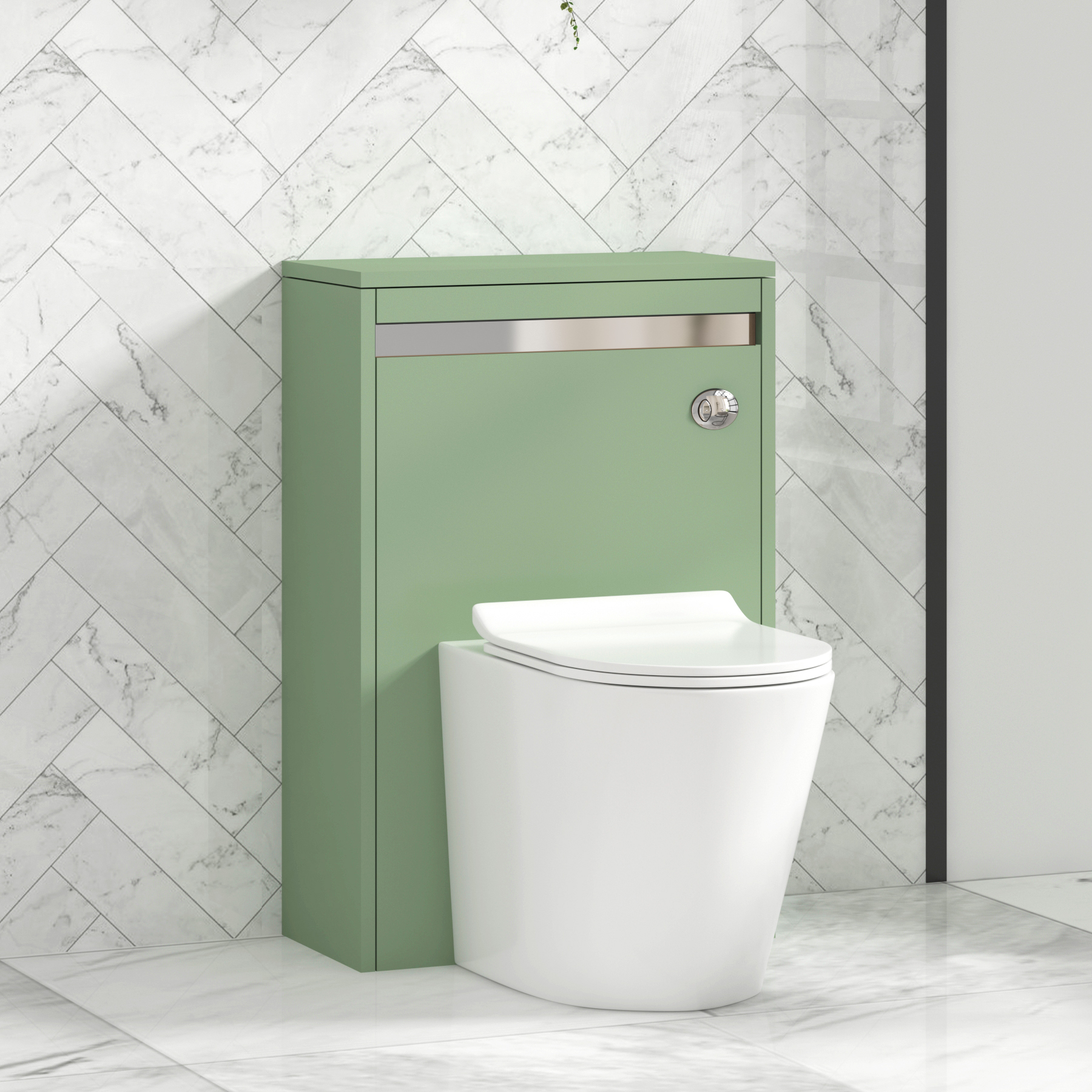 Orion 500mm Mint Green BTW WC Unit with Cesar Rimless Toilet Pan & Slim Seat, Cistern | Chrome Strip