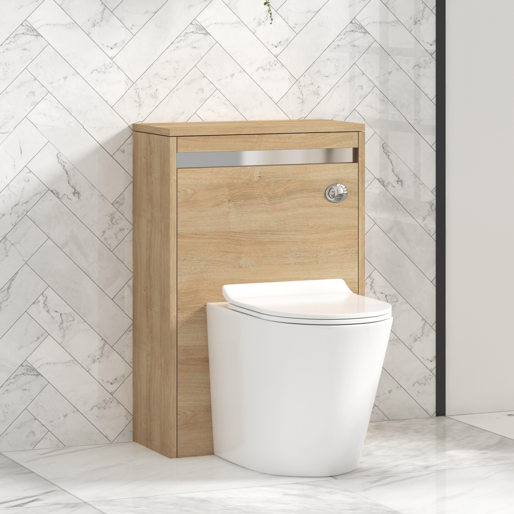 Orion 500mm Oak BTW WC Unit with Cesar Rimless Toilet Pan & Slim Seat, Cistern | Chrome Strip
