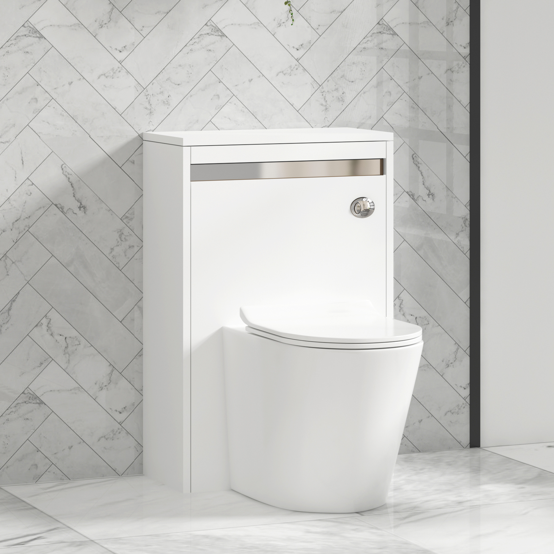 Orion 500mm Matte White BTW WC Unit with Cesar Rimless Toilet Pan & Slim Seat, Cistern | Chrome Strip