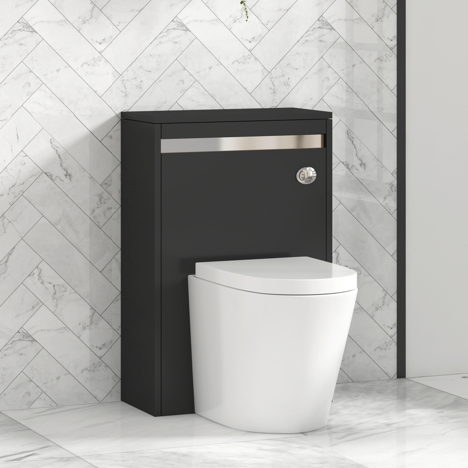 Orion 500mm Jet Black BTW WC Toilet Unit with Chrome Strip