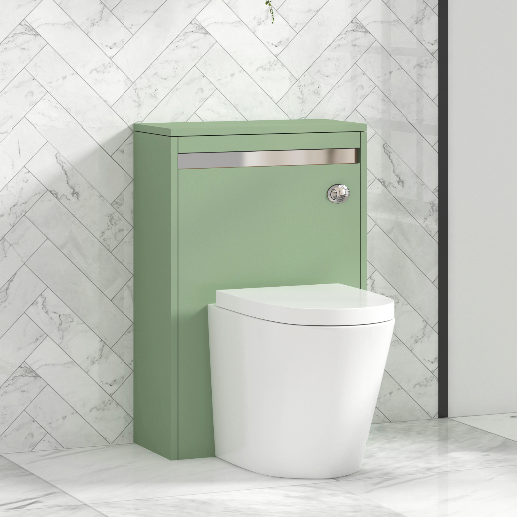 Orion 500mm Mint Green BTW WC Unit with Cesar Rimless Toilet Pan & Seat, Cistern | Chrome Strip