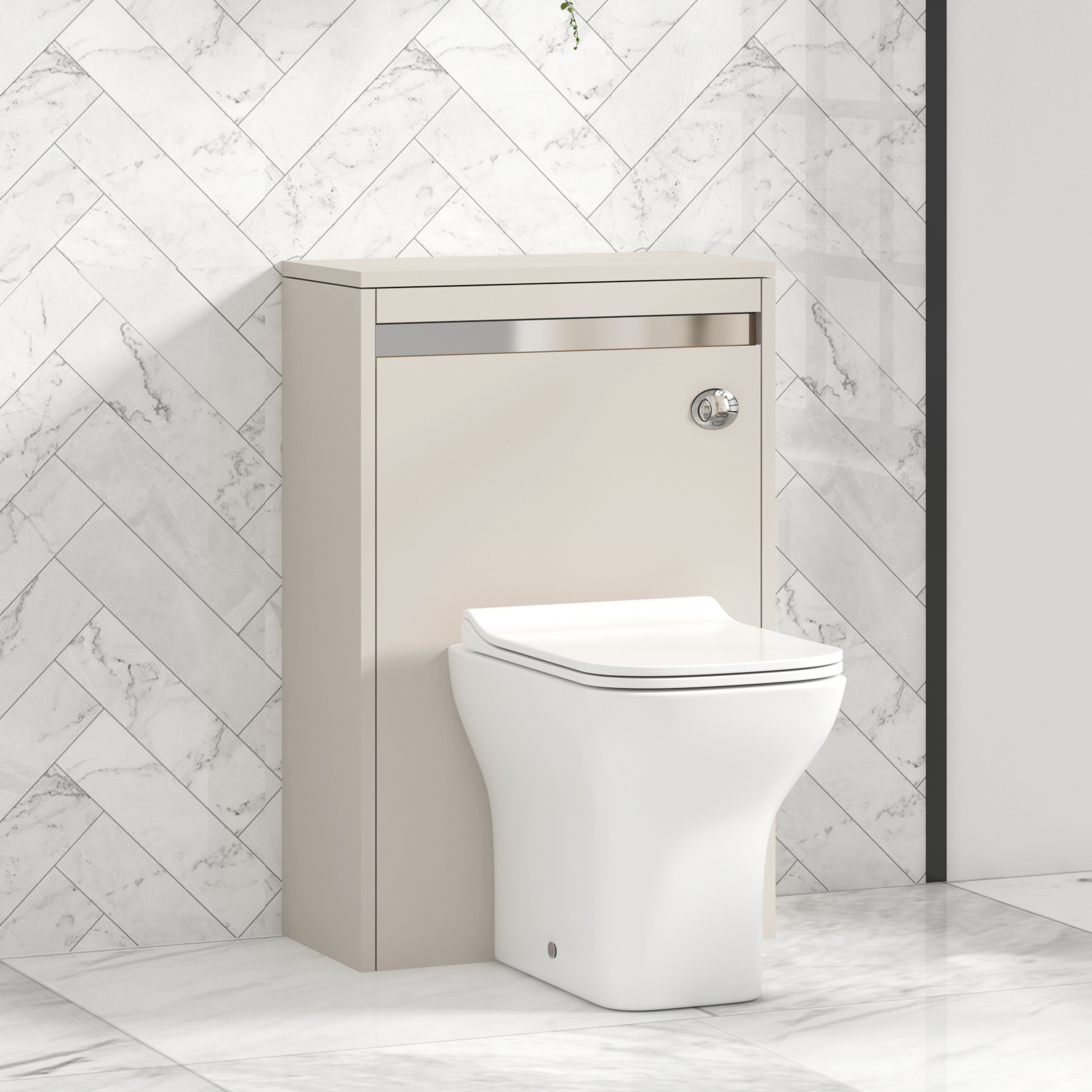 Orion 500mm Beige BTW WC Unit with Qubix Toilet Pan & Slim Seat, Cistern | Chrome Strip