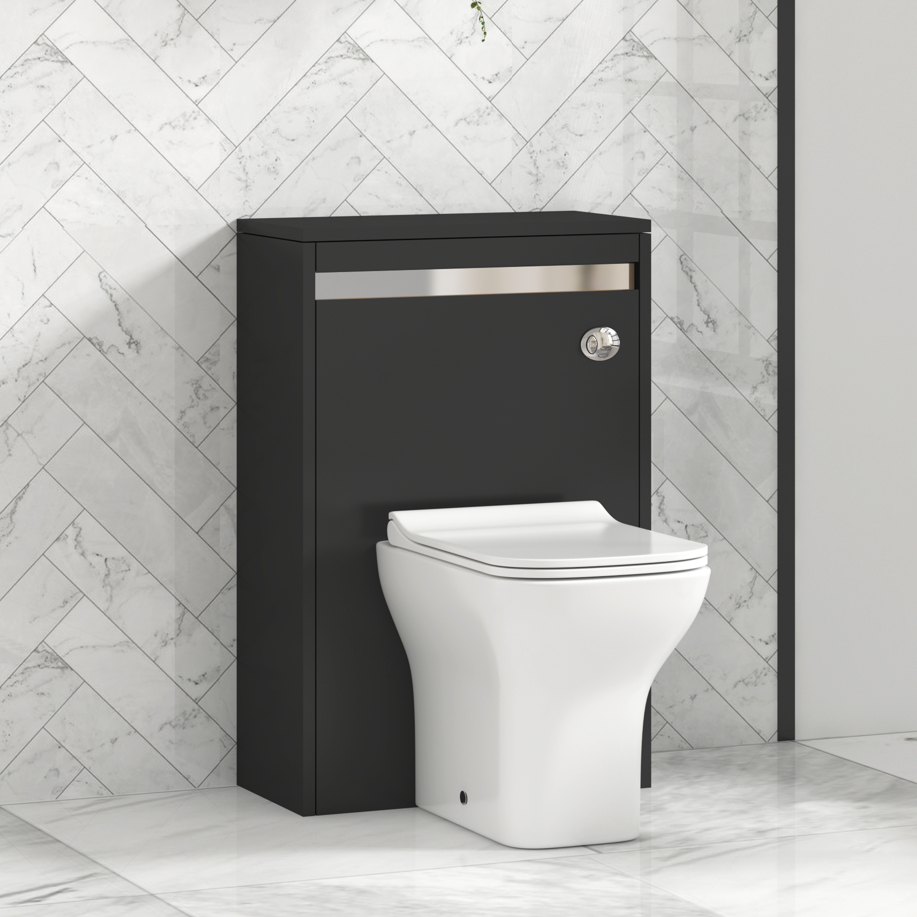 Orion 500mm Jet Black BTW WC Unit with Qubix Toilet Pan & Slim Seat, Cistern | Chrome Strip