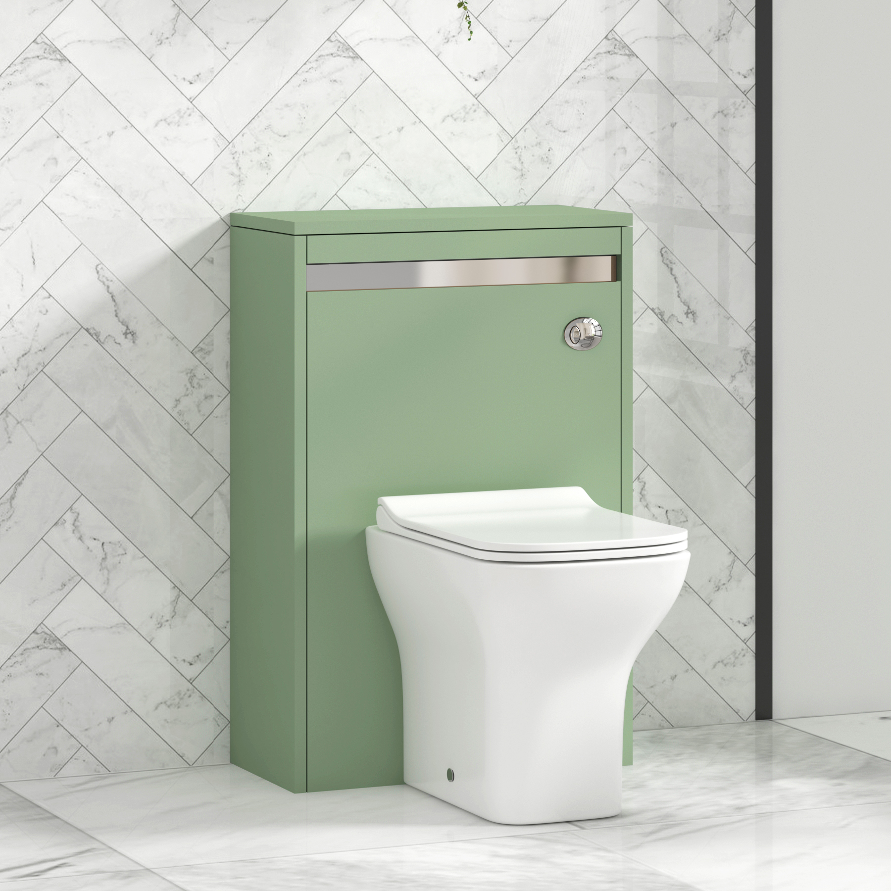 Orion 500mm Mint Green BTW WC Unit with Qubix Toilet Pan & Slim Seat, Cistern | Chrome Strip
