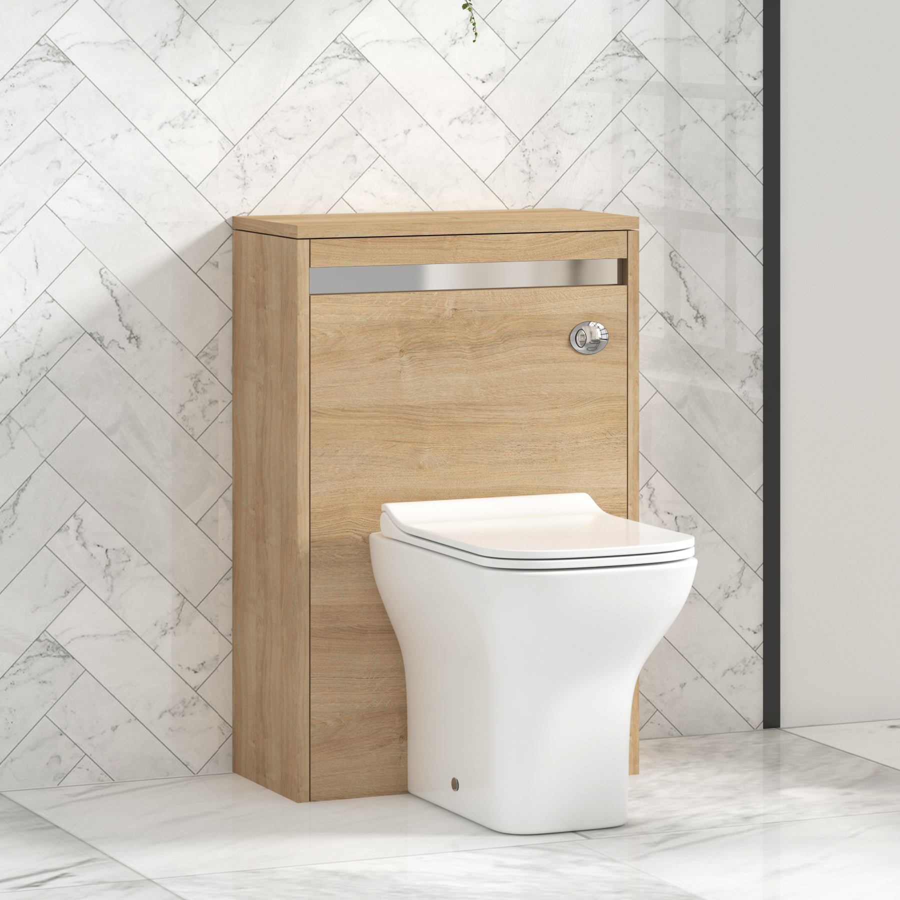 Orion 500mm Oak BTW WC Unit with Qubix Toilet Pan & Slim Seat, Cistern | Chrome Strip
