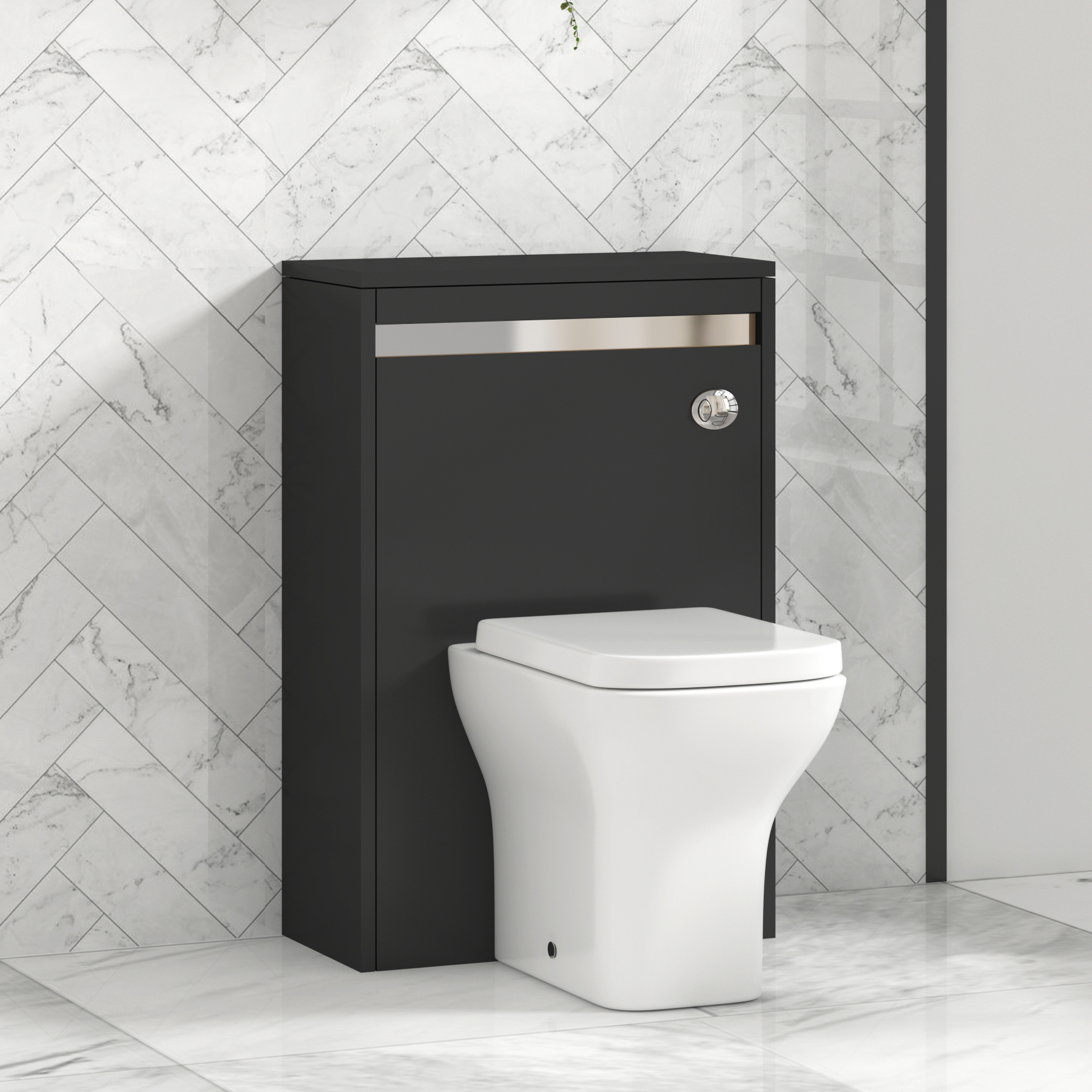 Orion 500mm Jet Black BTW WC Unit with Qubix Toilet Pan & Seat, Cistern | Chrome Strip