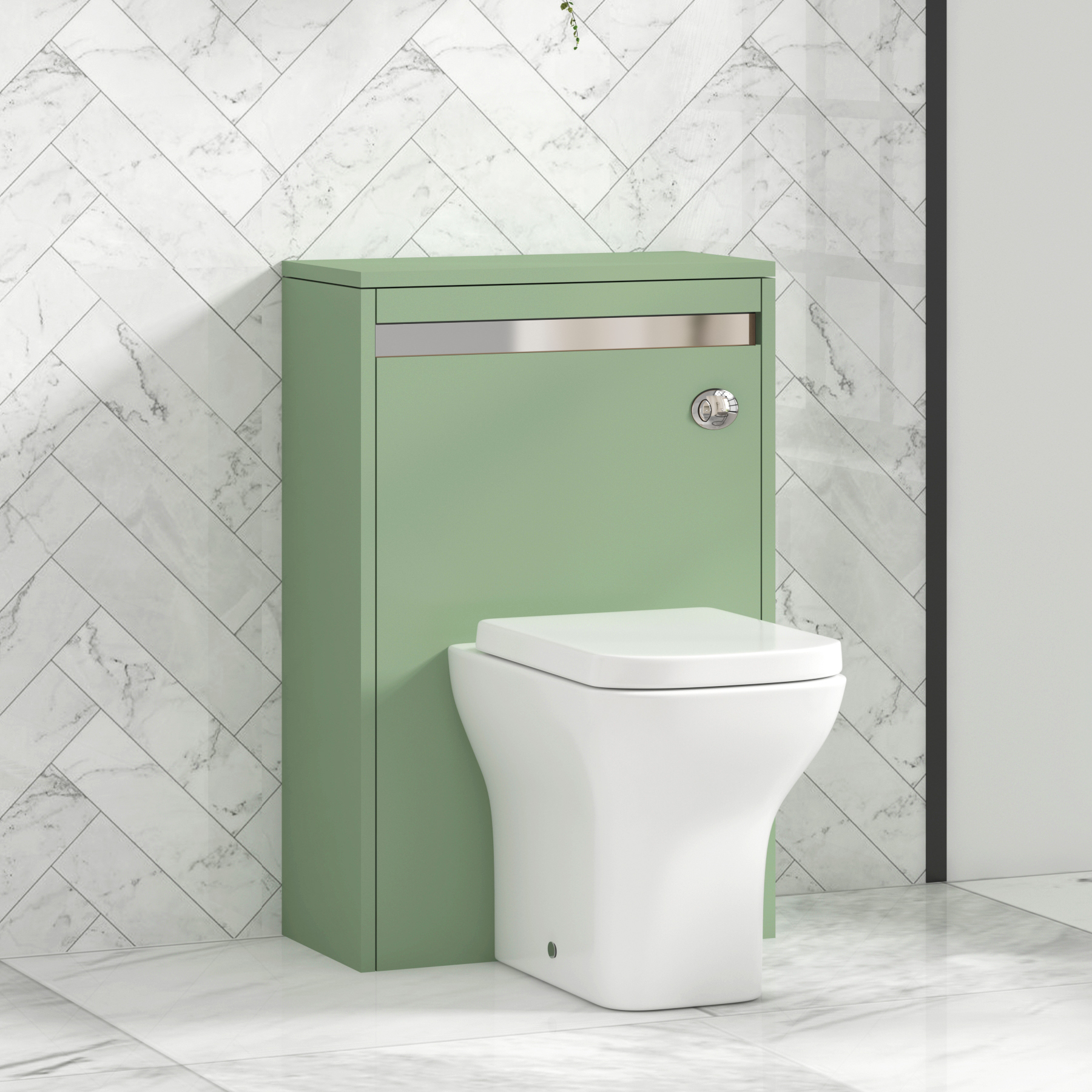Orion 500mm Mint Green BTW WC Unit with Qubix Toilet Pan & Seat, Cistern | Chrome Strip