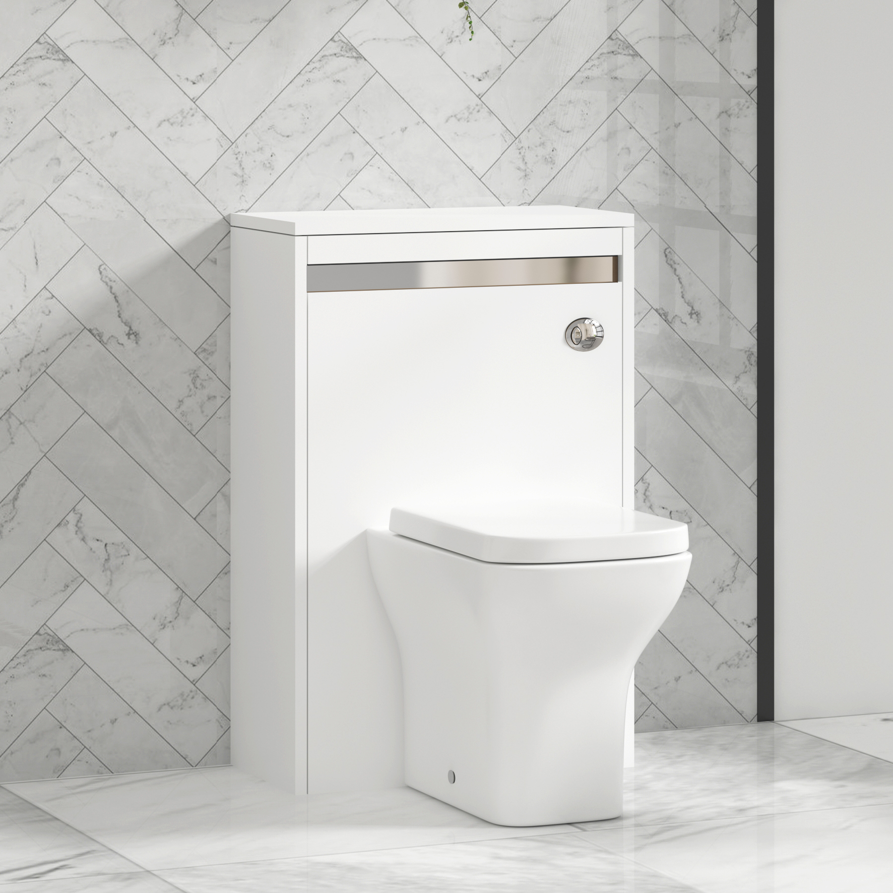 Orion 500mm Matte White BTW WC Unit with Qubix Toilet Pan & Seat, Cistern | Chrome Strip