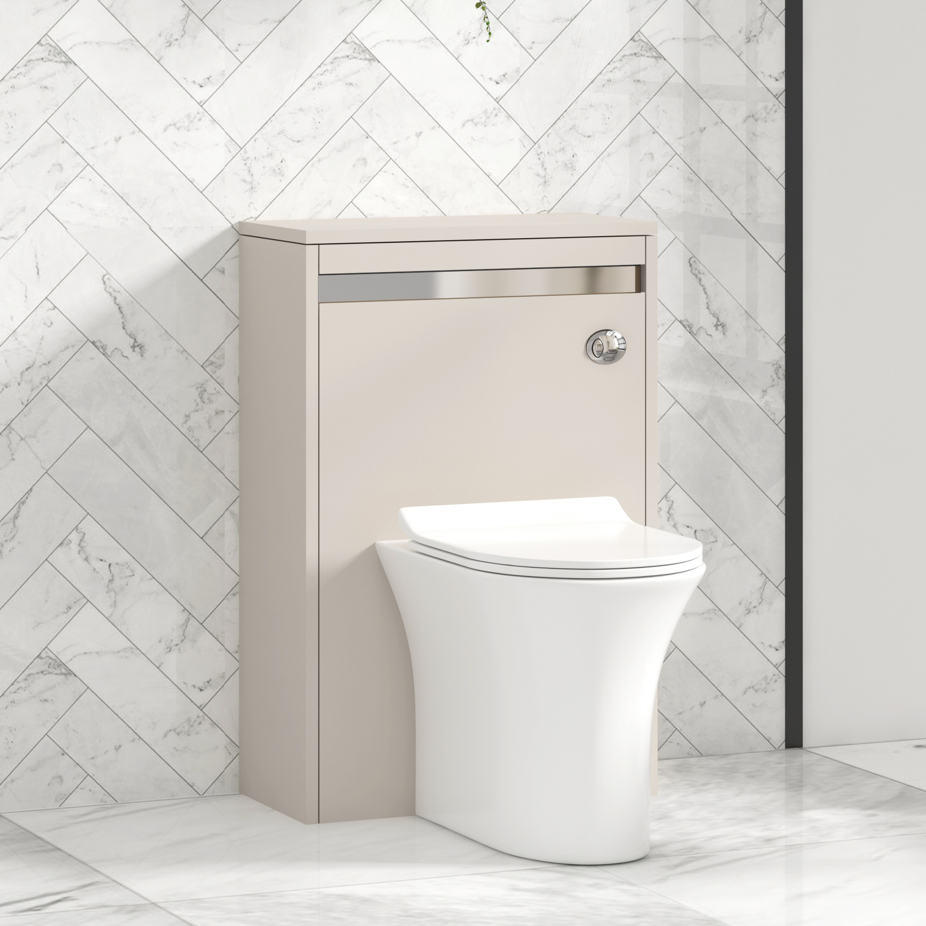 Orion 500mm Beige BTW WC Unit with Breeze Rimless Toilet Pan & Slim Seat, Cistern | Chrome Strip