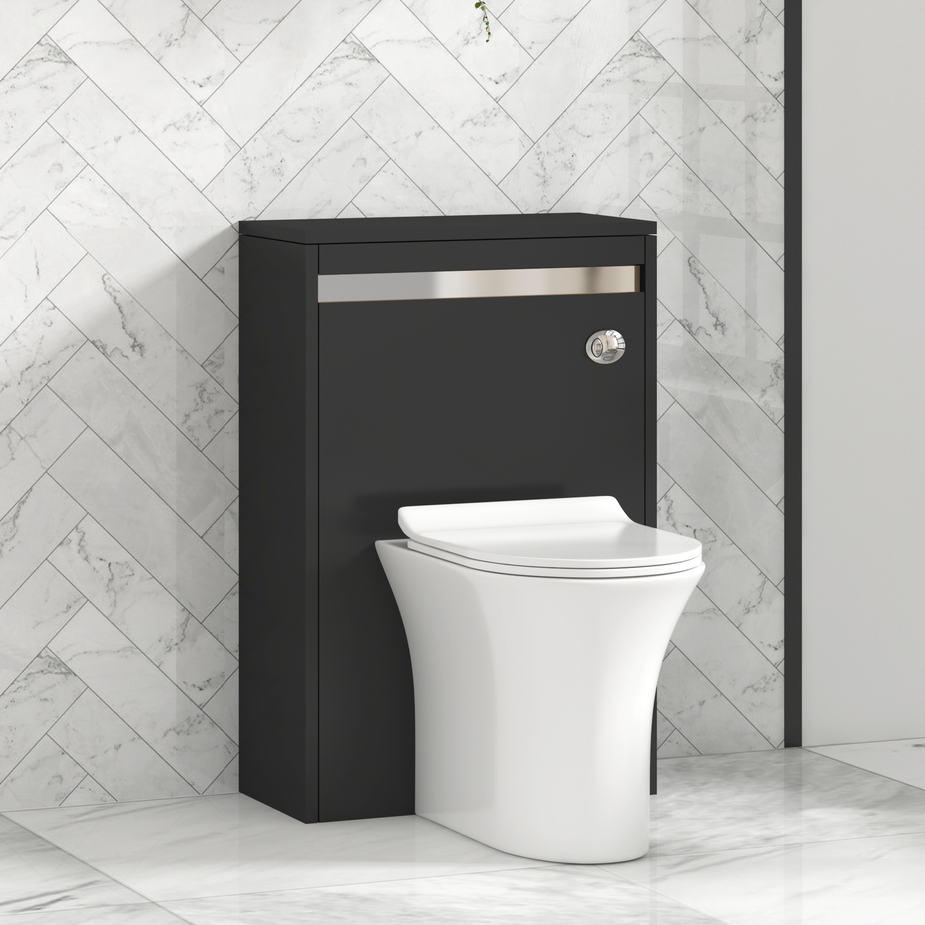 Orion 500mm Jet Black BTW WC Unit with Breeze Rimless Toilet Pan & Slim Seat, Cistern | Chrome Strip
